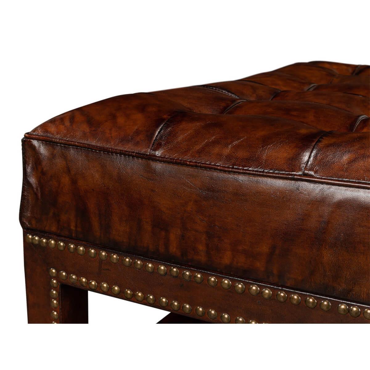 Contemporary Vintage-Style Tufted Leather Ottoman For Sale