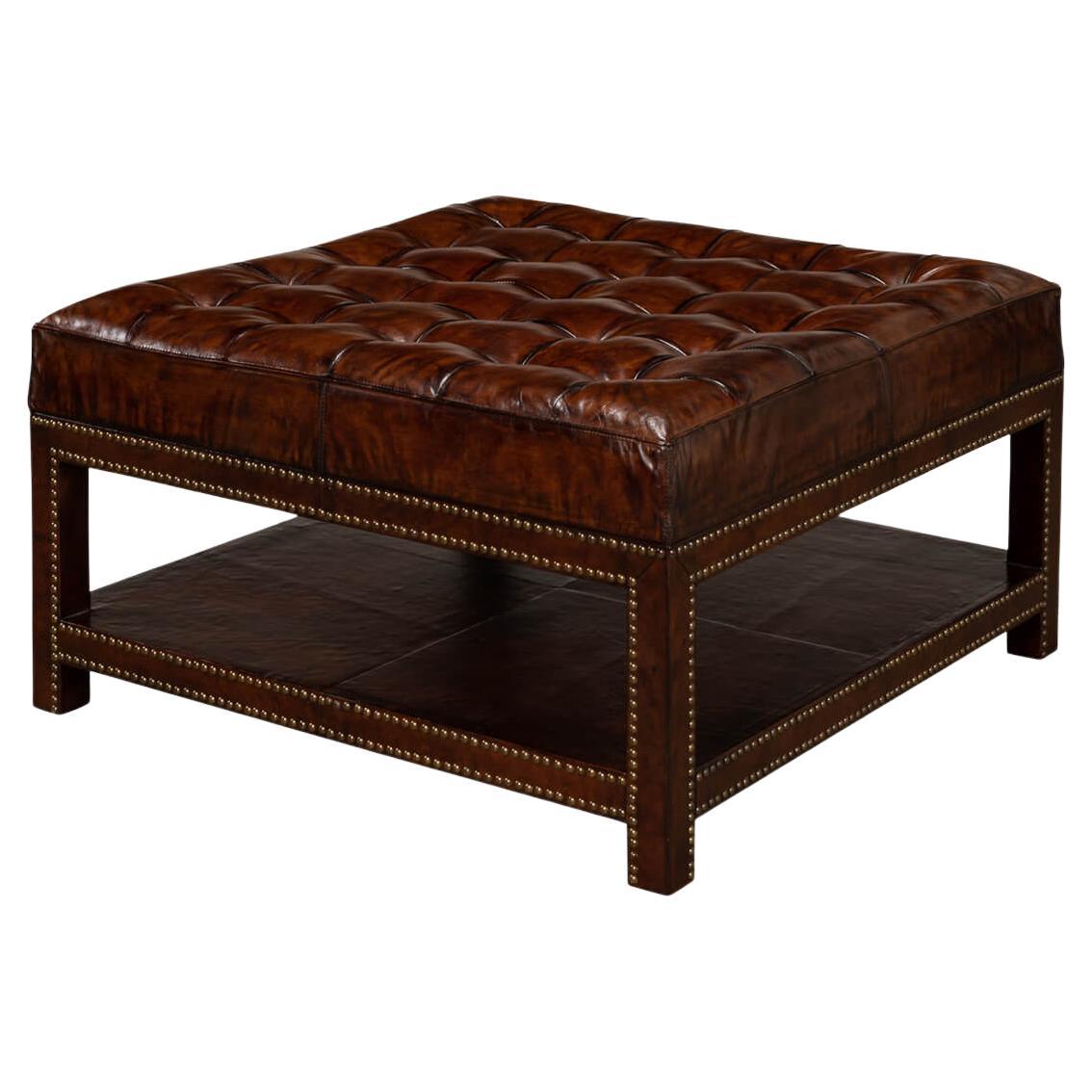 Vintage-Style Tufted Leather Ottoman
