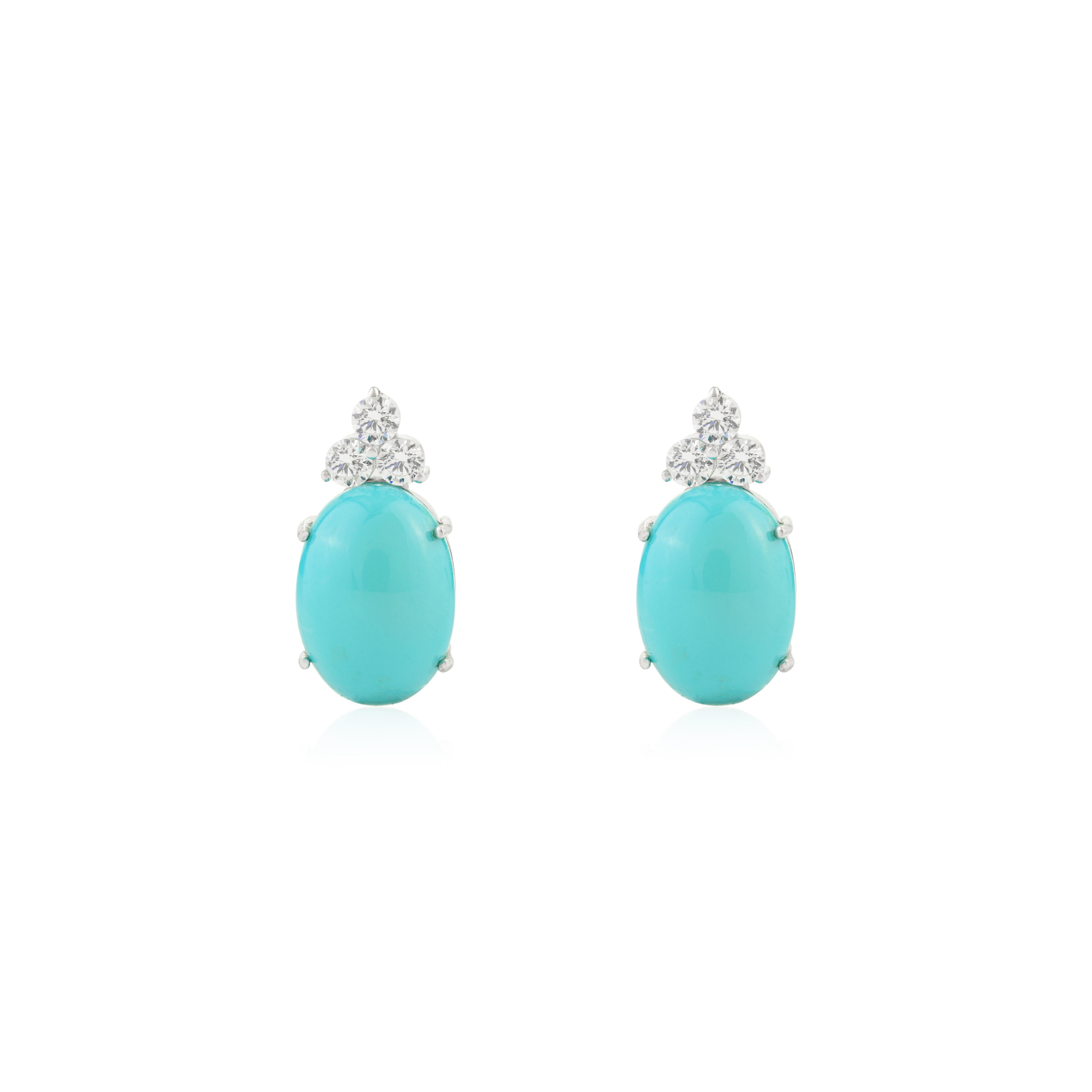 Pendientes de estilo vintage con cabujón de turquesa y trío de circonitas en plata maciza 925 en Nuevo estado para la venta en New York, NY