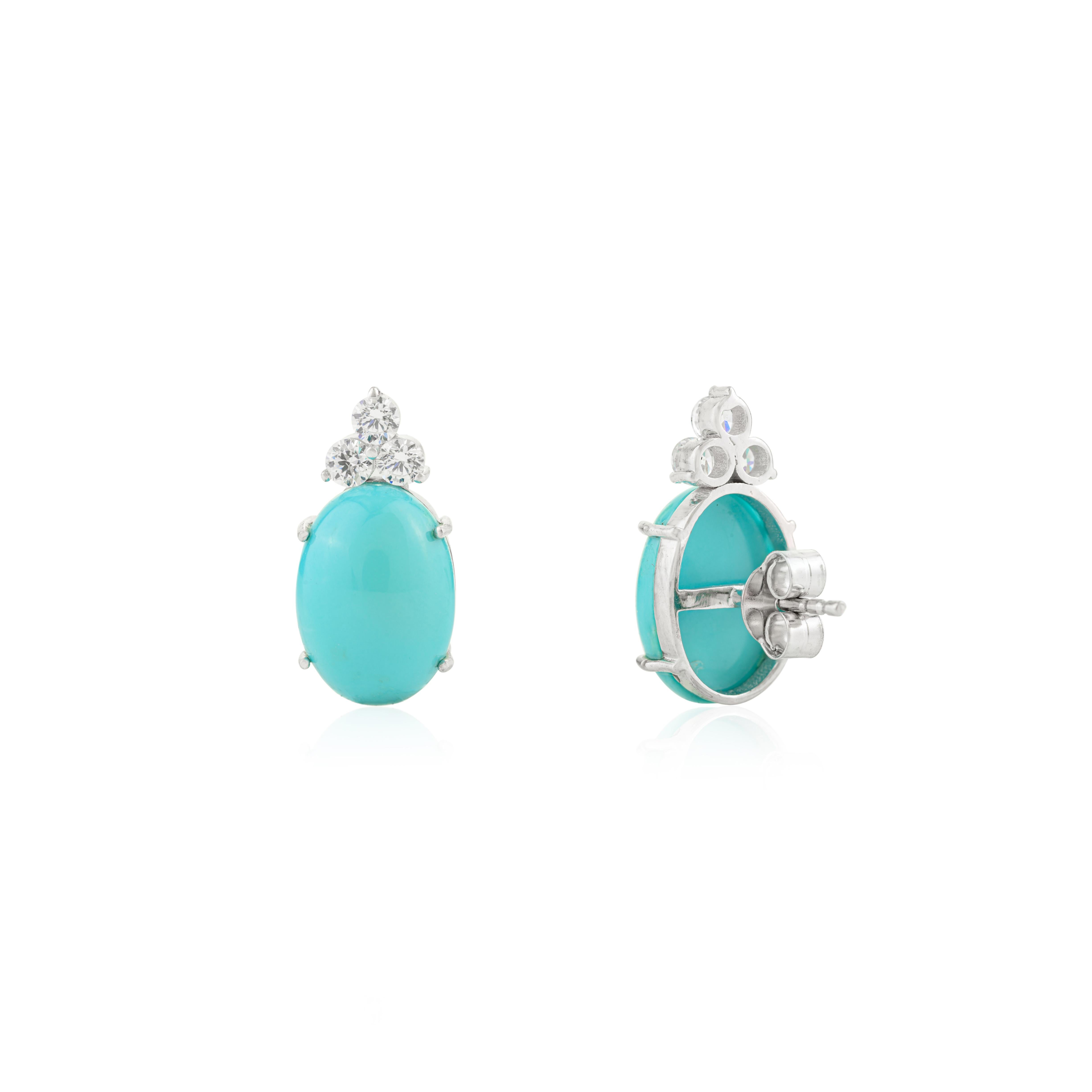 Pendientes de estilo vintage con cabujón de turquesa y trío de circonitas en plata maciza 925 en venta 3