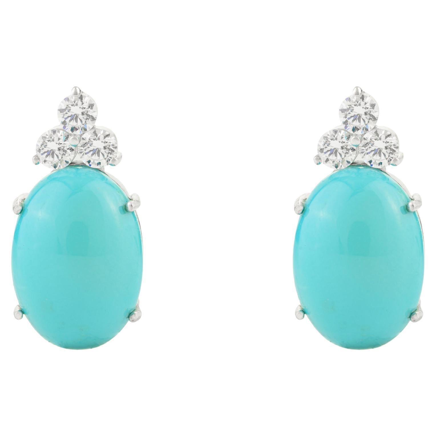 Vintage-Style Turquoise Cabochon and CZ Trio Stud Earrings in 925 Solid Silver (Boucles d'oreilles en argent massif 925)