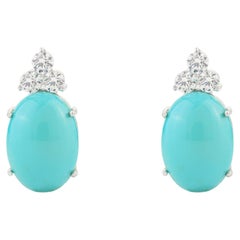 Vintage-Style Turquoise Cabochon and CZ Trio Stud Earrings in 925 Solid Silver (Boucles d'oreilles en argent massif 925)