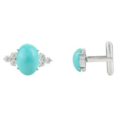 Vintage-Style Turquoise & Zircon Unisex Cufflinks 925 Solid Silver Gifts for him