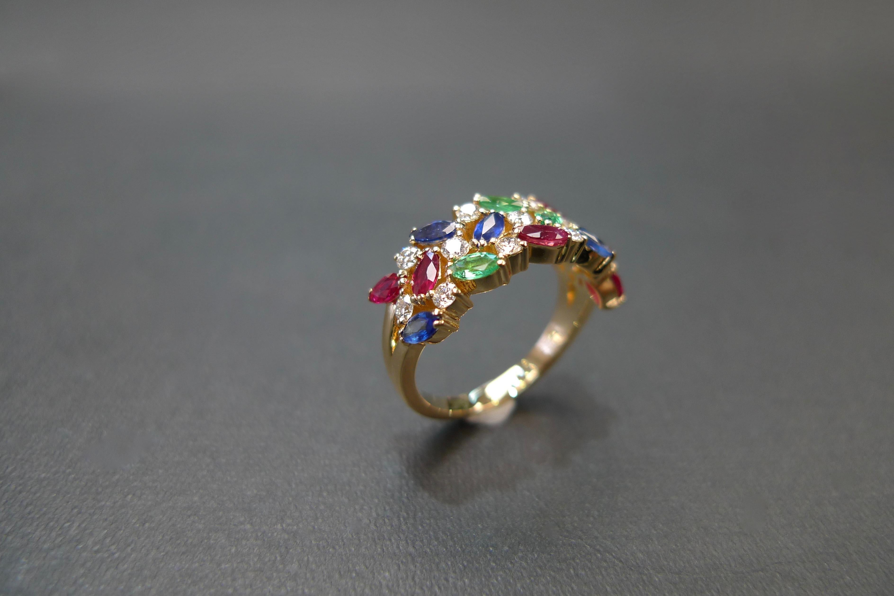 For Sale:  Vintage Style Wedding Ring Three Rows Blue Sapphire, Ruby, Emerald and Diamond  10