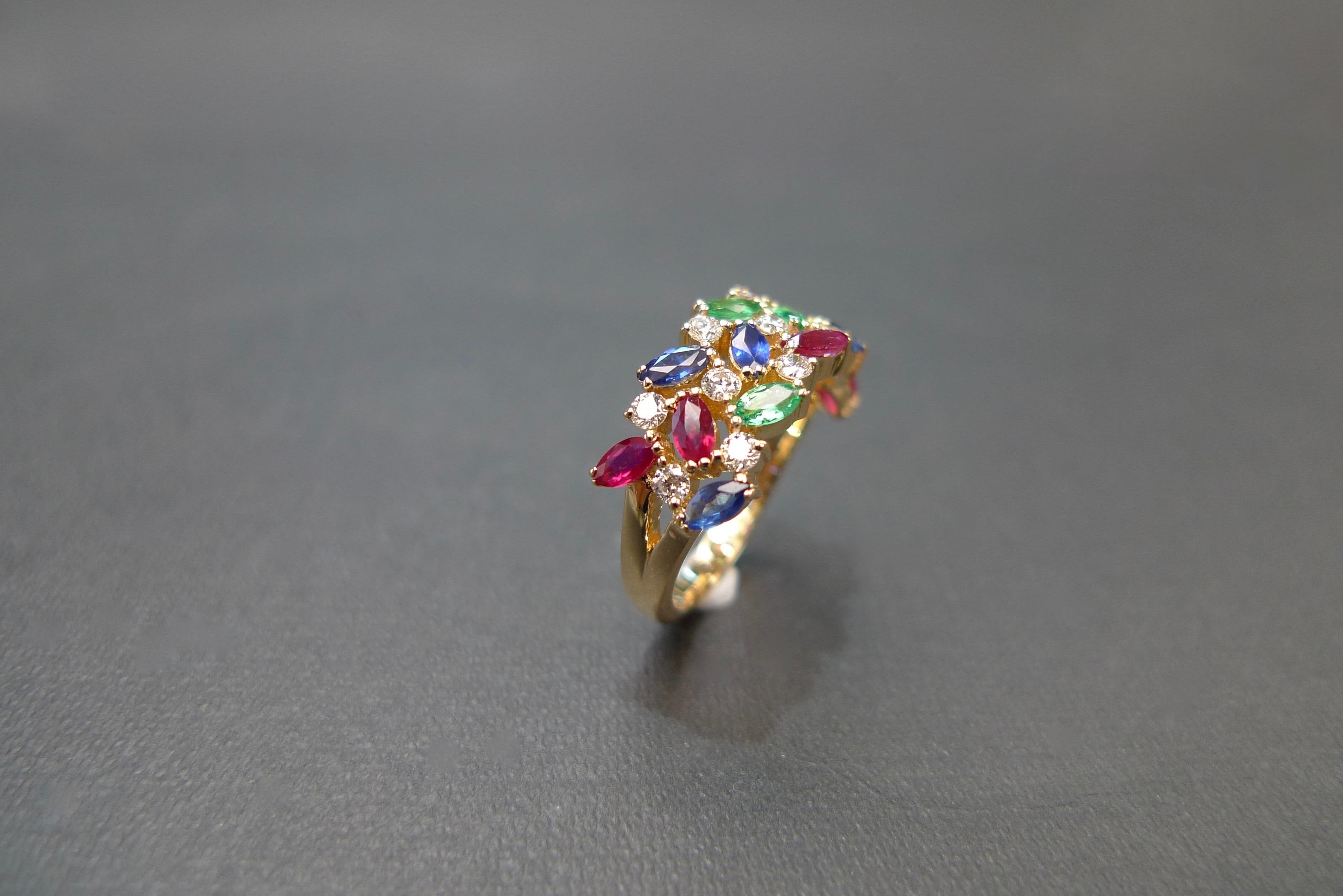 For Sale:  Vintage Style Wedding Ring Three Rows Blue Sapphire, Ruby, Emerald and Diamond  11