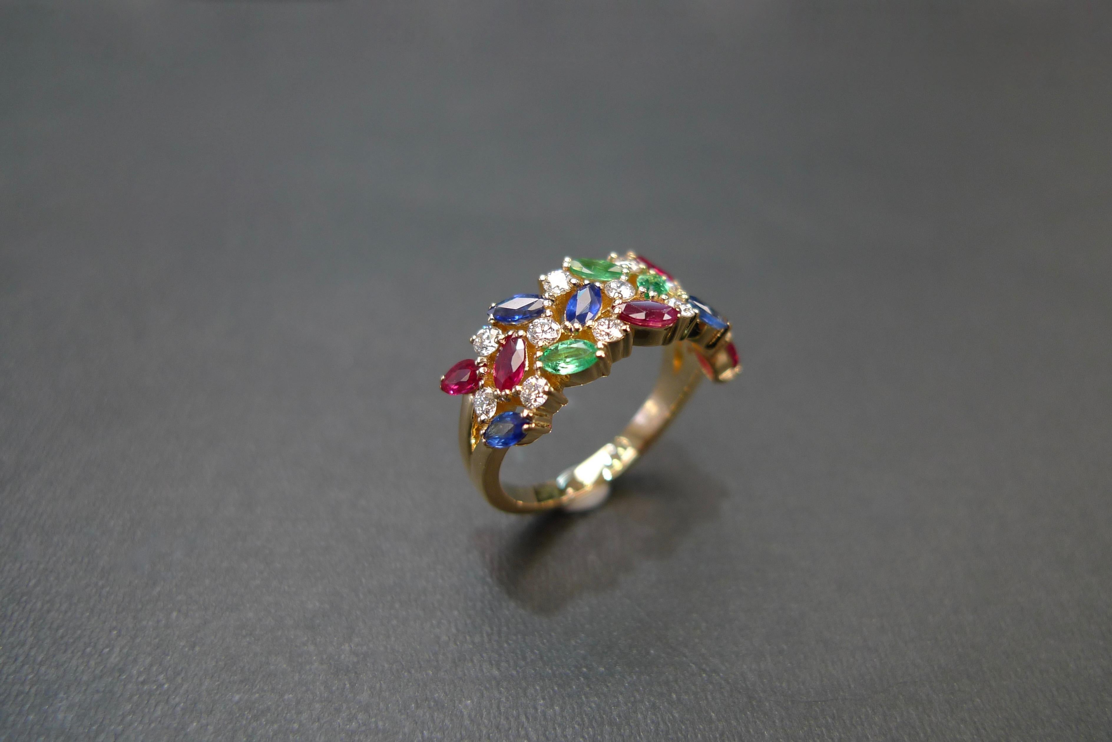 For Sale:  Vintage Style Wedding Ring Three Rows Blue Sapphire, Ruby, Emerald and Diamond  2