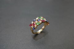 Vintage Style Wedding Ring Three Rows Blue Sapphire, Ruby, Emerald and Diamond