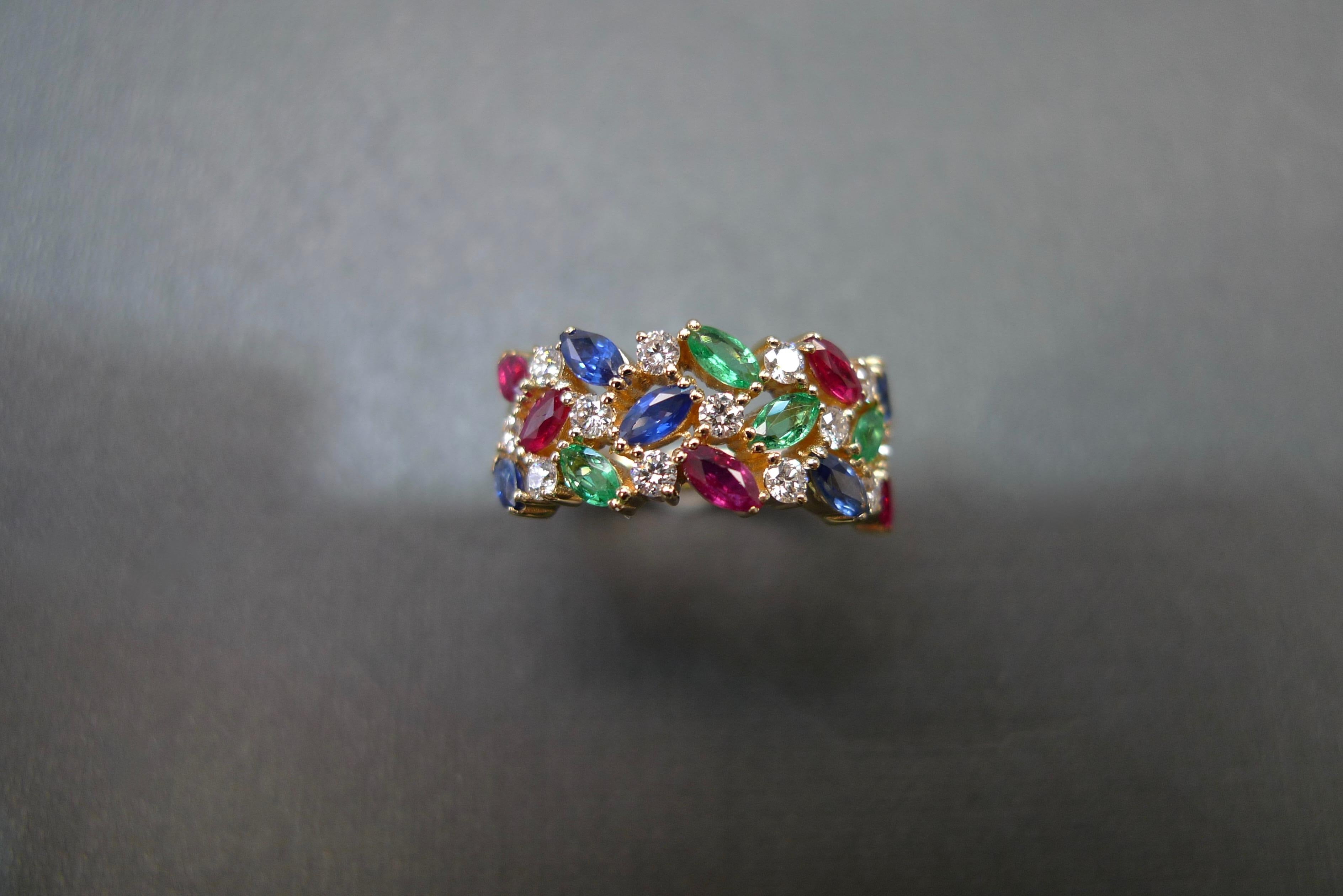 For Sale:  Vintage Style Wedding Ring Three Rows Blue Sapphire, Ruby, Emerald and Diamond  4