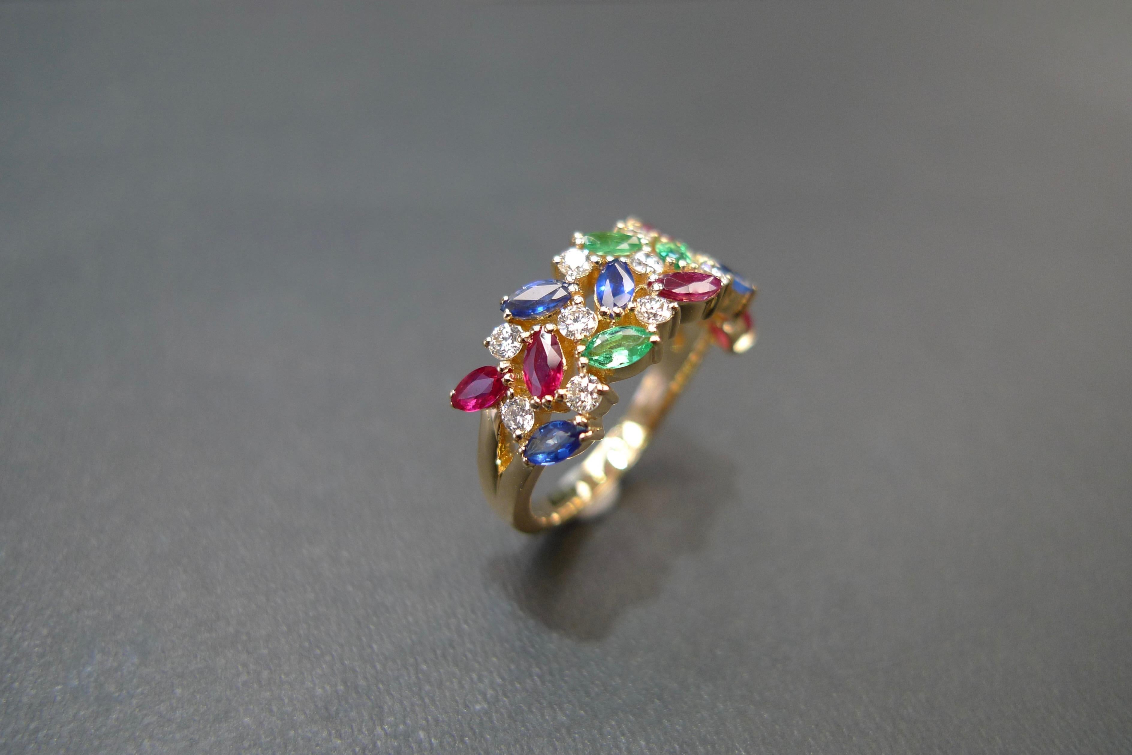 For Sale:  Vintage Style Wedding Ring Three Rows Blue Sapphire, Ruby, Emerald and Diamond  5