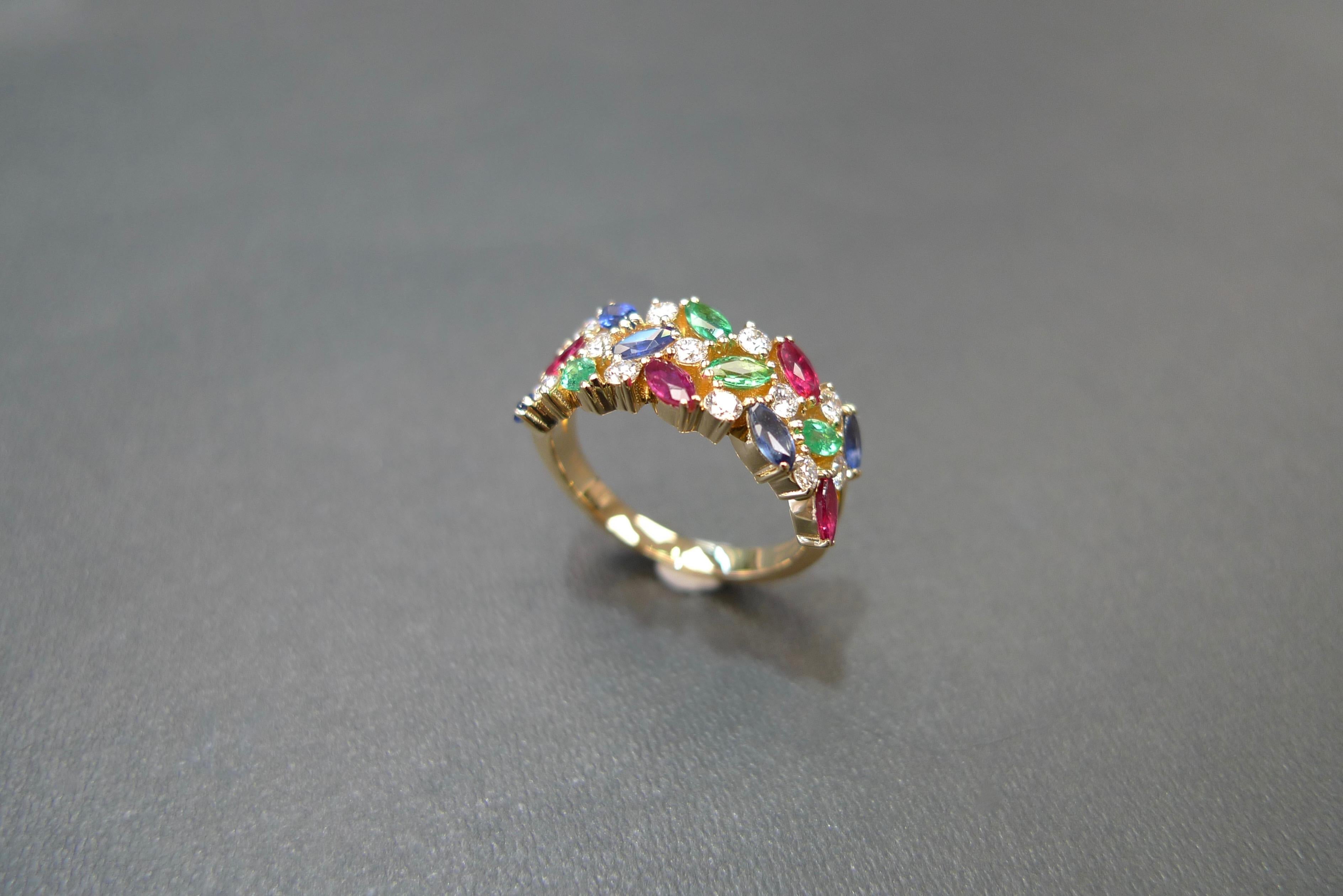 For Sale:  Vintage Style Wedding Ring Three Rows Blue Sapphire, Ruby, Emerald and Diamond  6
