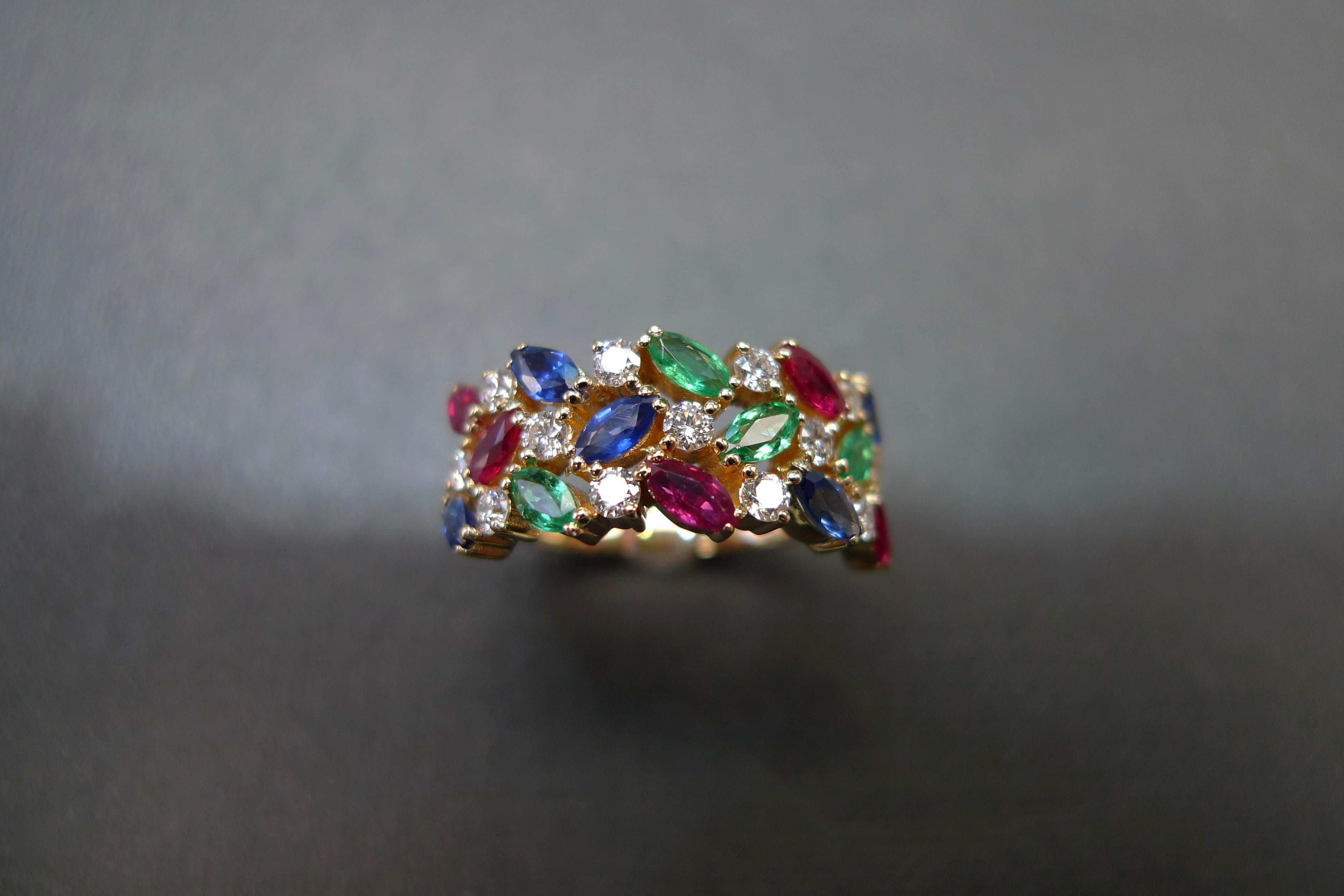 For Sale:  Vintage Style Wedding Ring Three Rows Blue Sapphire, Ruby, Emerald and Diamond  7