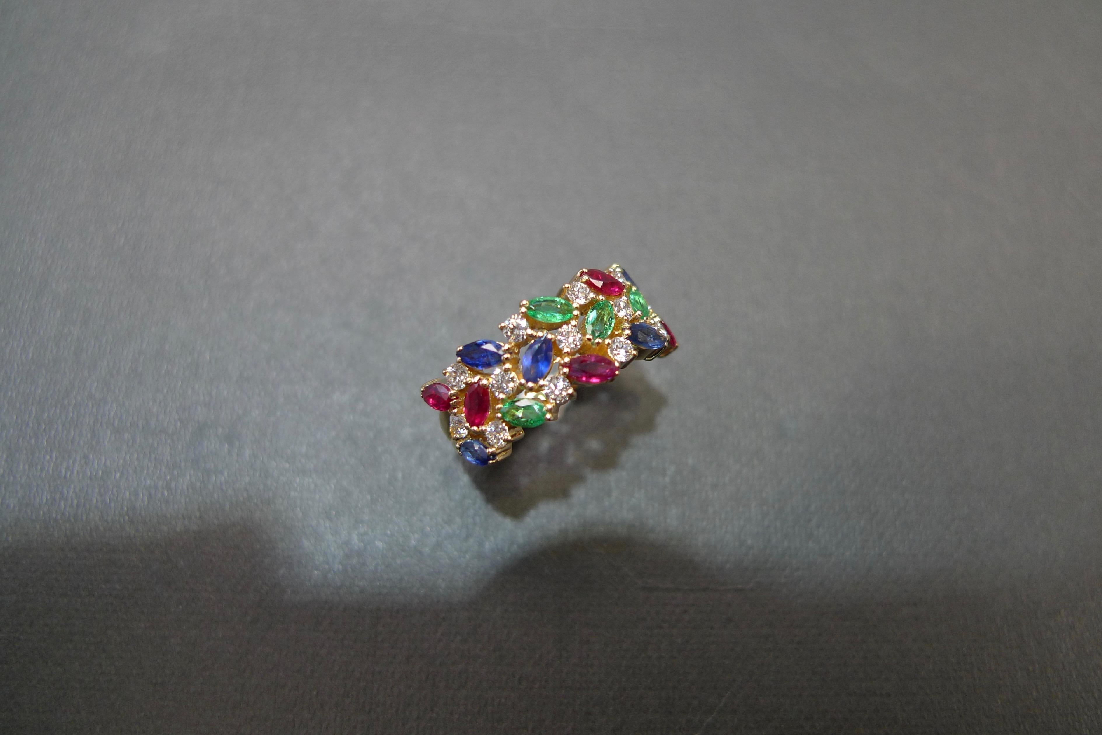 For Sale:  Vintage Style Wedding Ring Three Rows Blue Sapphire, Ruby, Emerald and Diamond  8