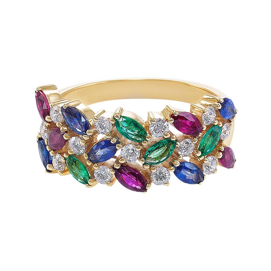 Im Angebot: Dreireihiger Ehering im Vintage-Stil mit blauem Saphir, Rubin, Smaragd und Diamant  ()