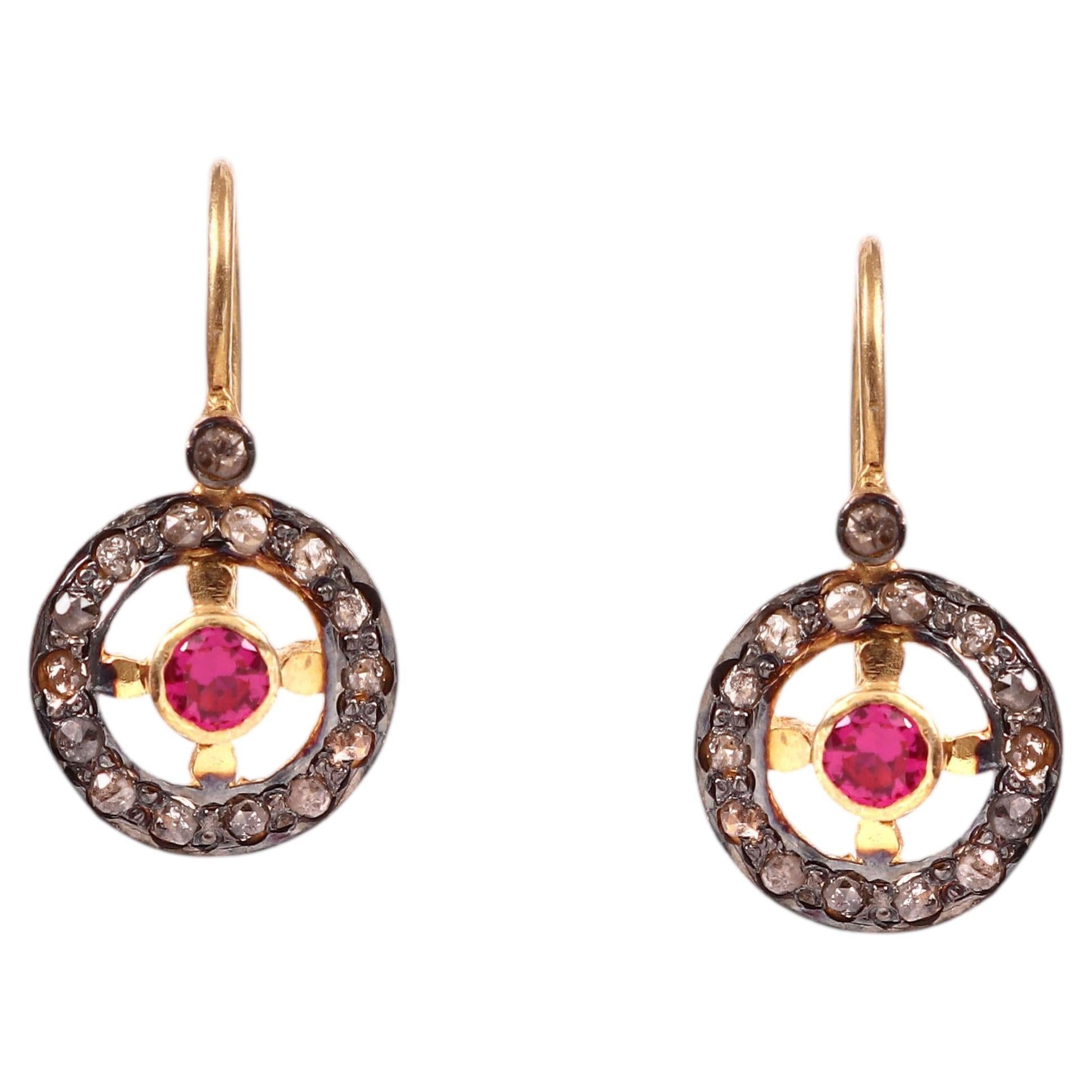 Vintage style wheel rose cut diamonds ruby sterling silver gold plated earrings