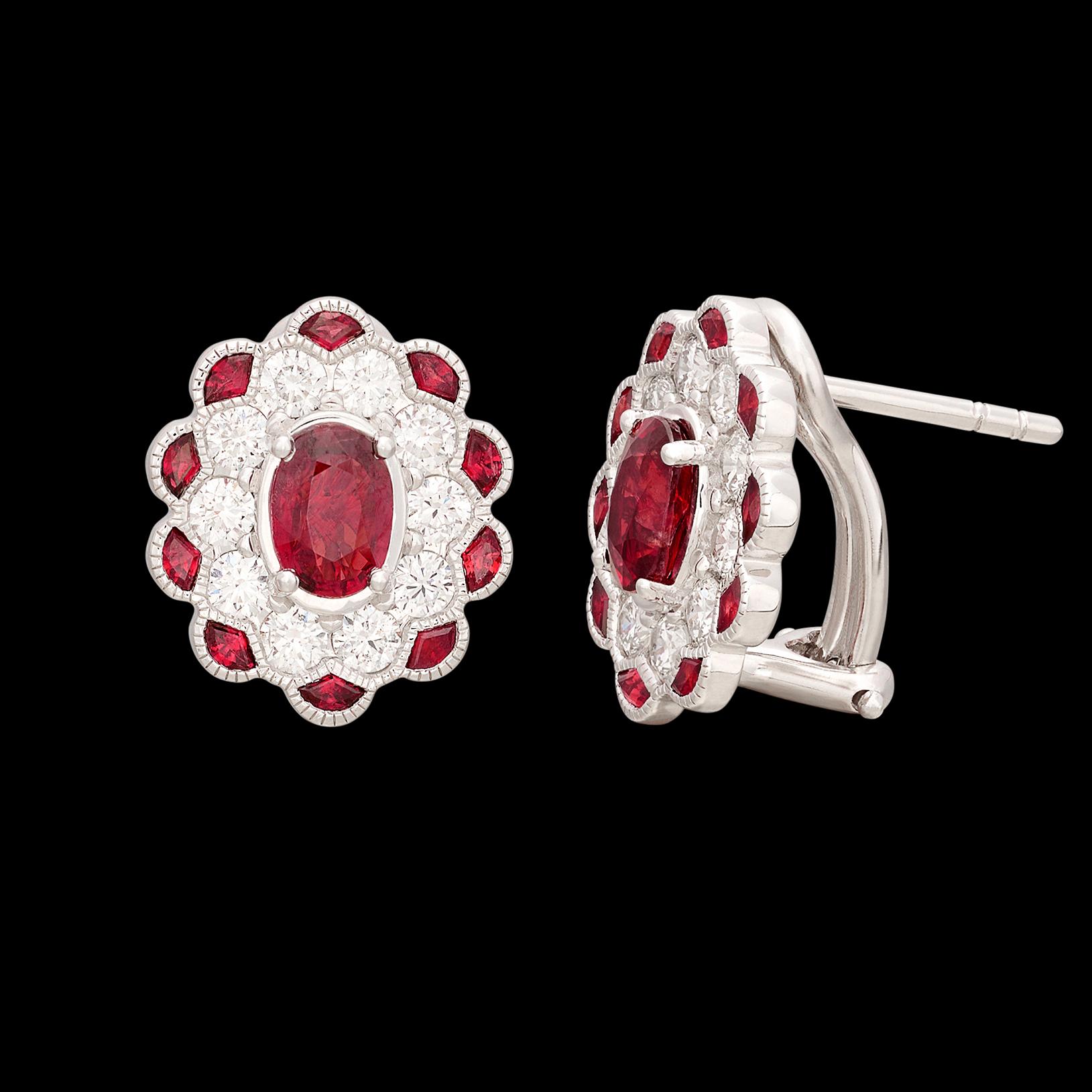 Vintage Style White Gold Ruby & Diamond Earrings In New Condition For Sale In San Francisco, CA