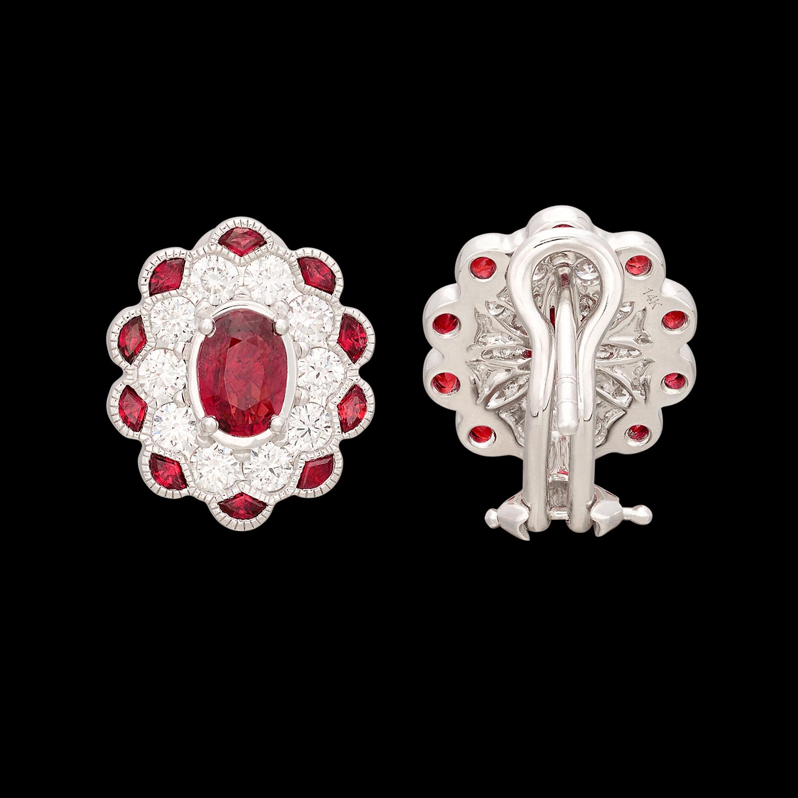 Women's Vintage Style White Gold Ruby & Diamond Earrings For Sale