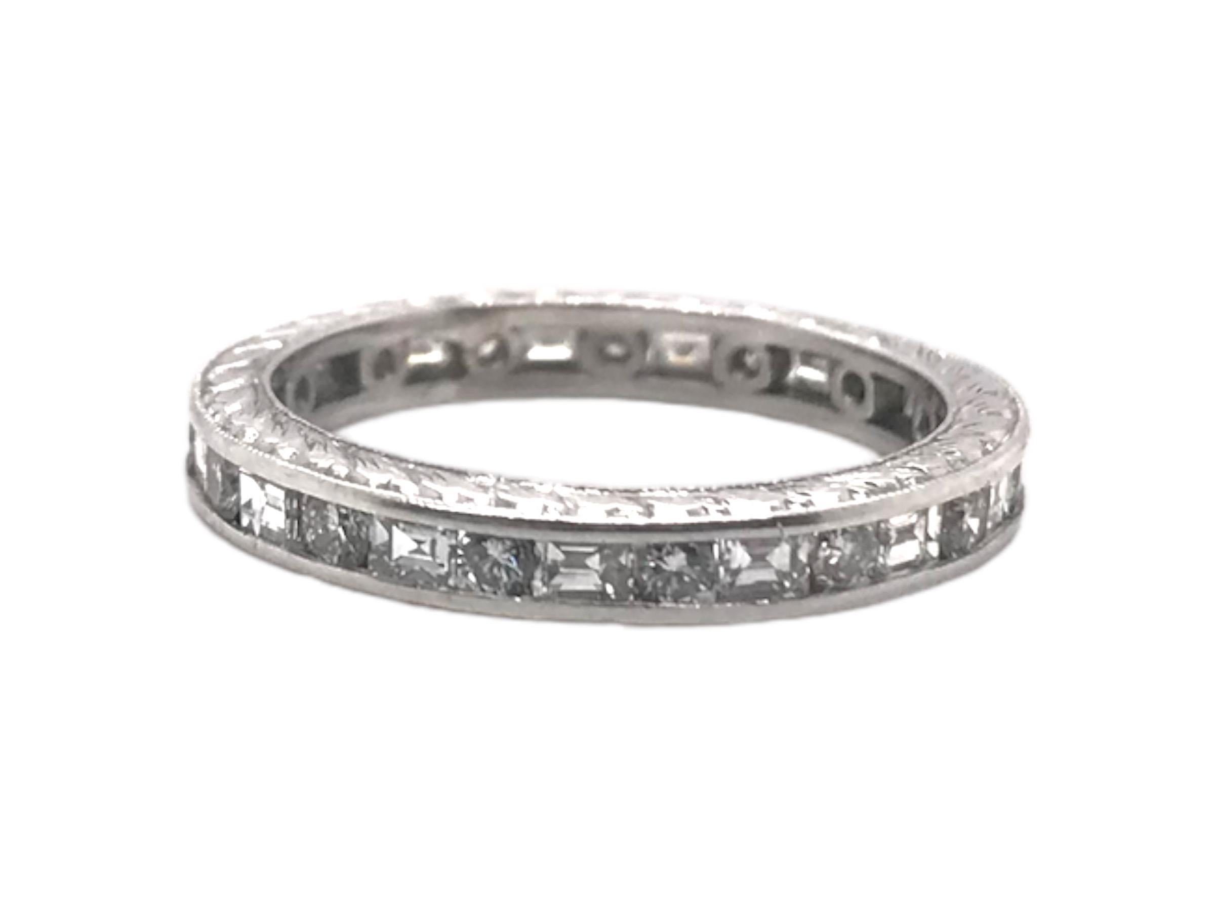 Vintage Styled Platinum 1.5 CTW Diamond Eternity Band Round & Baguette In Excellent Condition For Sale In Montgomery, AL