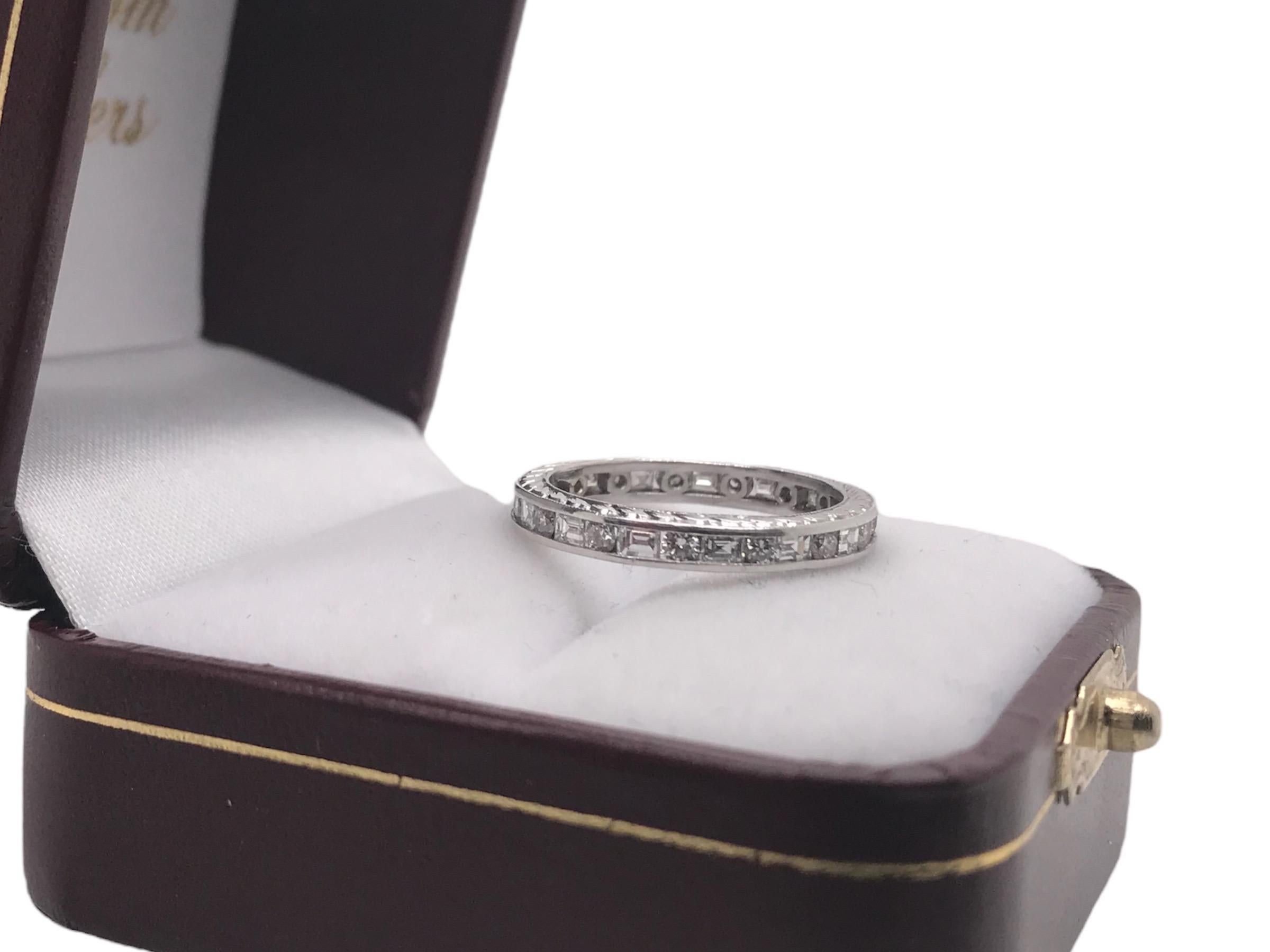 Vintage Styled Platinum 1.5 CTW Diamond Eternity Band Round & Baguette For Sale 1