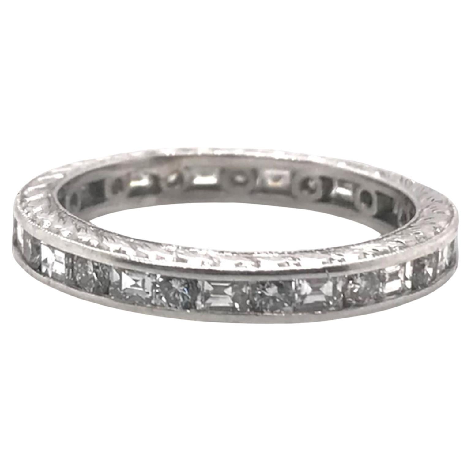 Vintage Styled Platinum 1.5 CTW Diamond Eternity Band Round & Baguette For Sale
