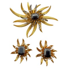 Retro Stylised Haematite Chrysanthemum Demi-Parure 1960s