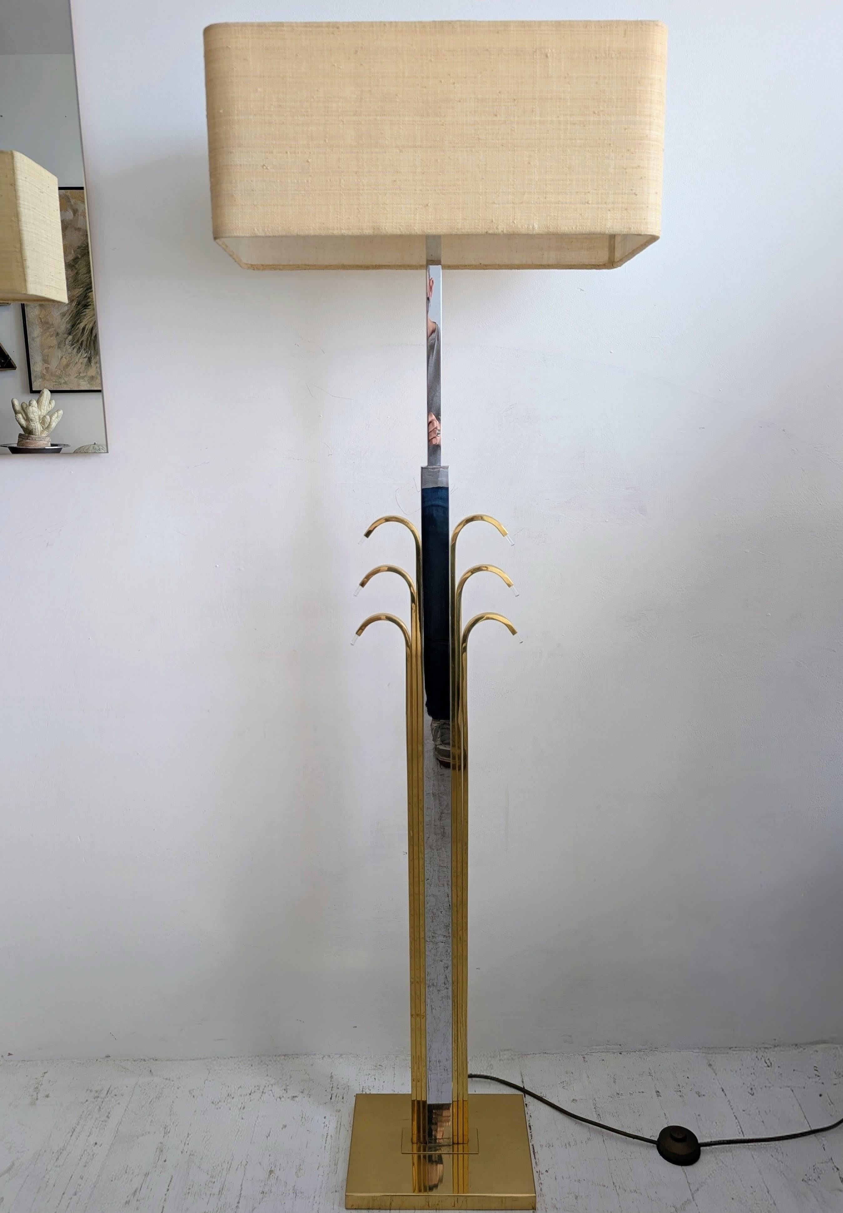 Stylised palm tree brass, chrome & lucite floor lamp by WKR Germany, 1980s. 
I have 2 of these: this one is chrome with shiny brass, the other- in a separate listing- is brushed & shiny brass. Lucite tips to the fronds. Complete with beautiful