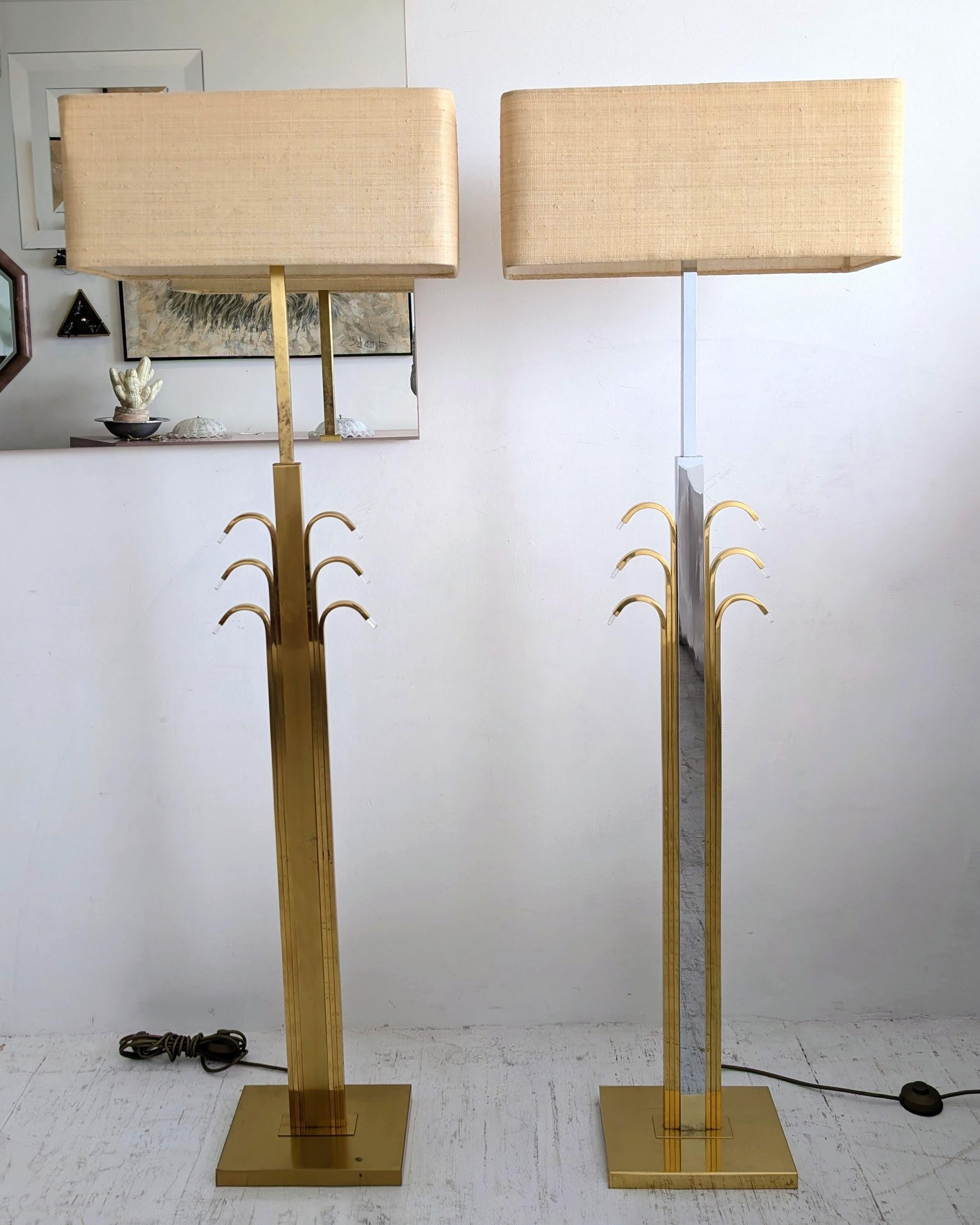 20th Century Vintage stylised palm tree brass, chrome & lucite floor lamp 1980s For Sale