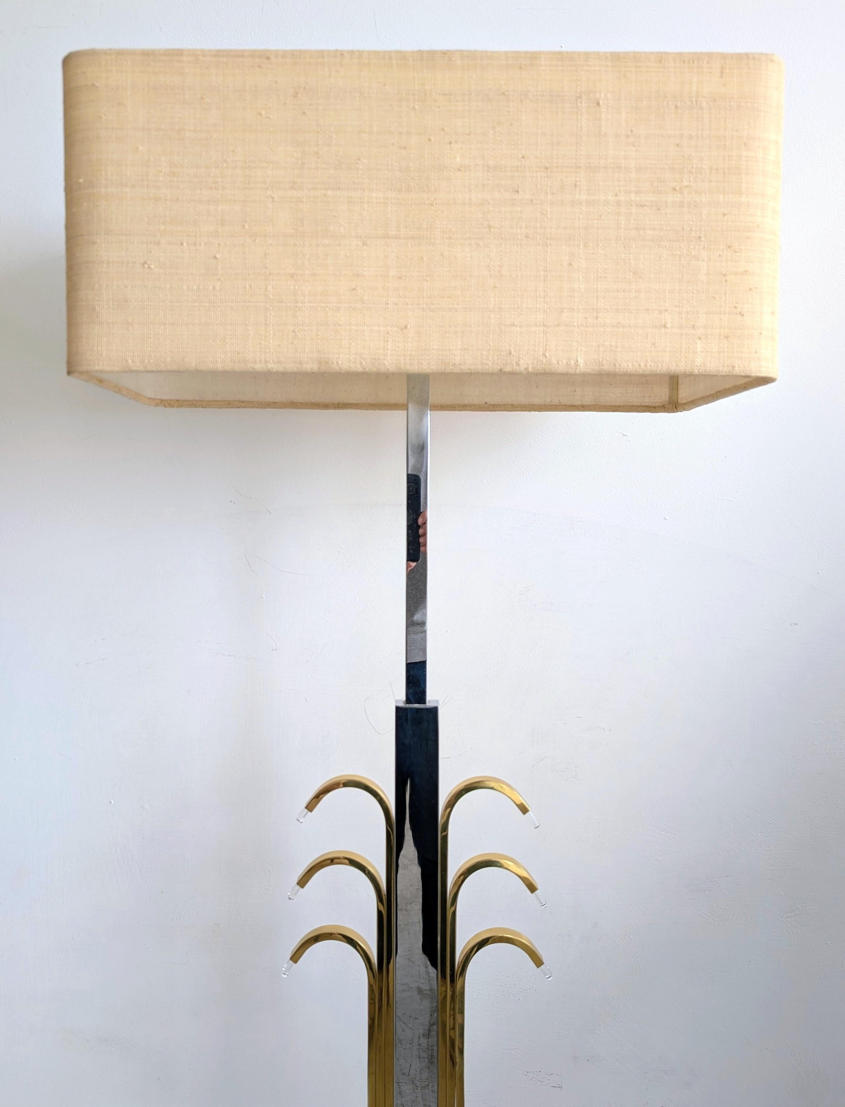 Brass Vintage stylised palm tree brass, chrome & lucite floor lamp 1980s For Sale