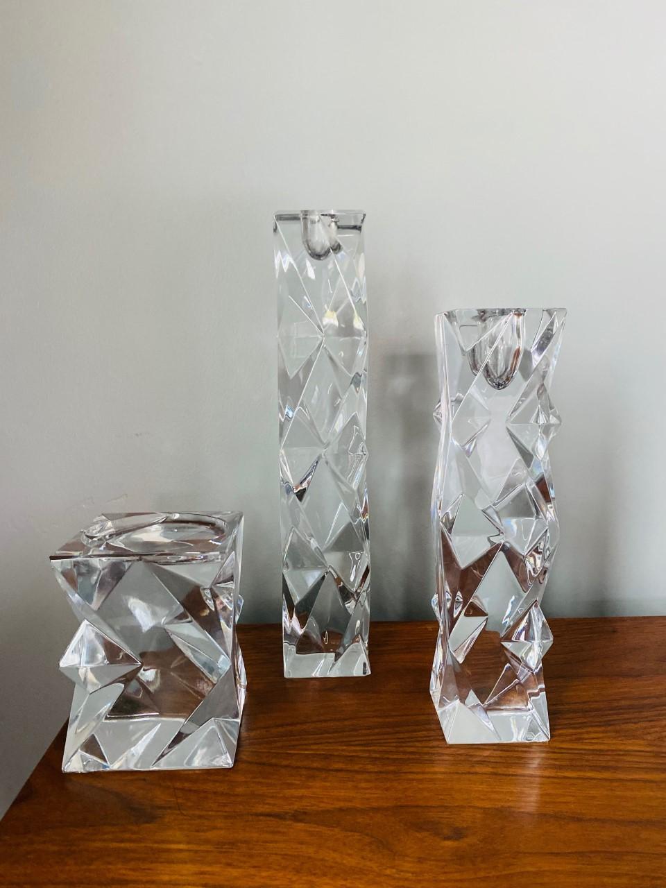 Vintage Stylized Lead Crystal Candle Holder Set of 3 by Libera Czech In Good Condition In San Diego, CA