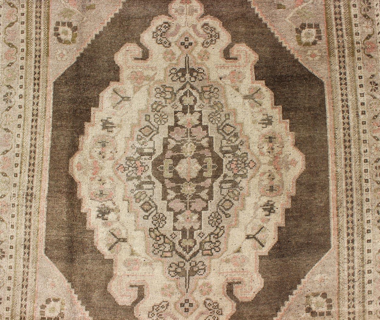 Vintage Stylized Medallion Turkish Oushak Area Rug in Neutral Beiges and Browns For Sale 1
