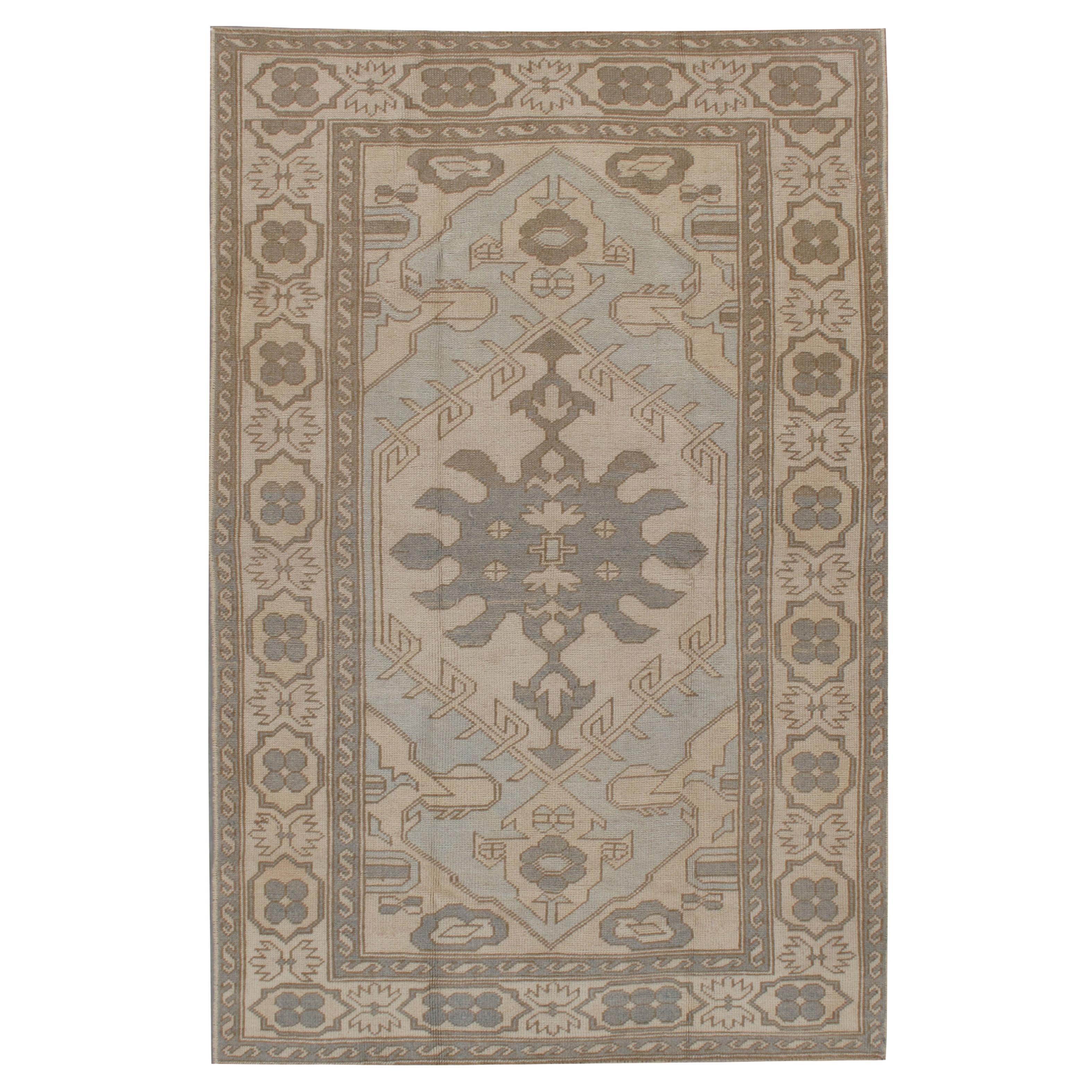 Vintage Subdued Ivory Blue Turkish Wool Hand Knotted Oushak Rug