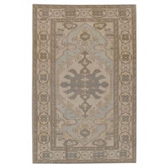 Vintage Subdued Elfenbein Blau Türkische Wolle Handgeknüpft Oushak Teppich
