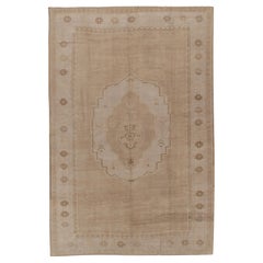 Vintage Subdued Ivory Brown Hand Knotted Wool Turkish Oushak Rug 7'3x10'9