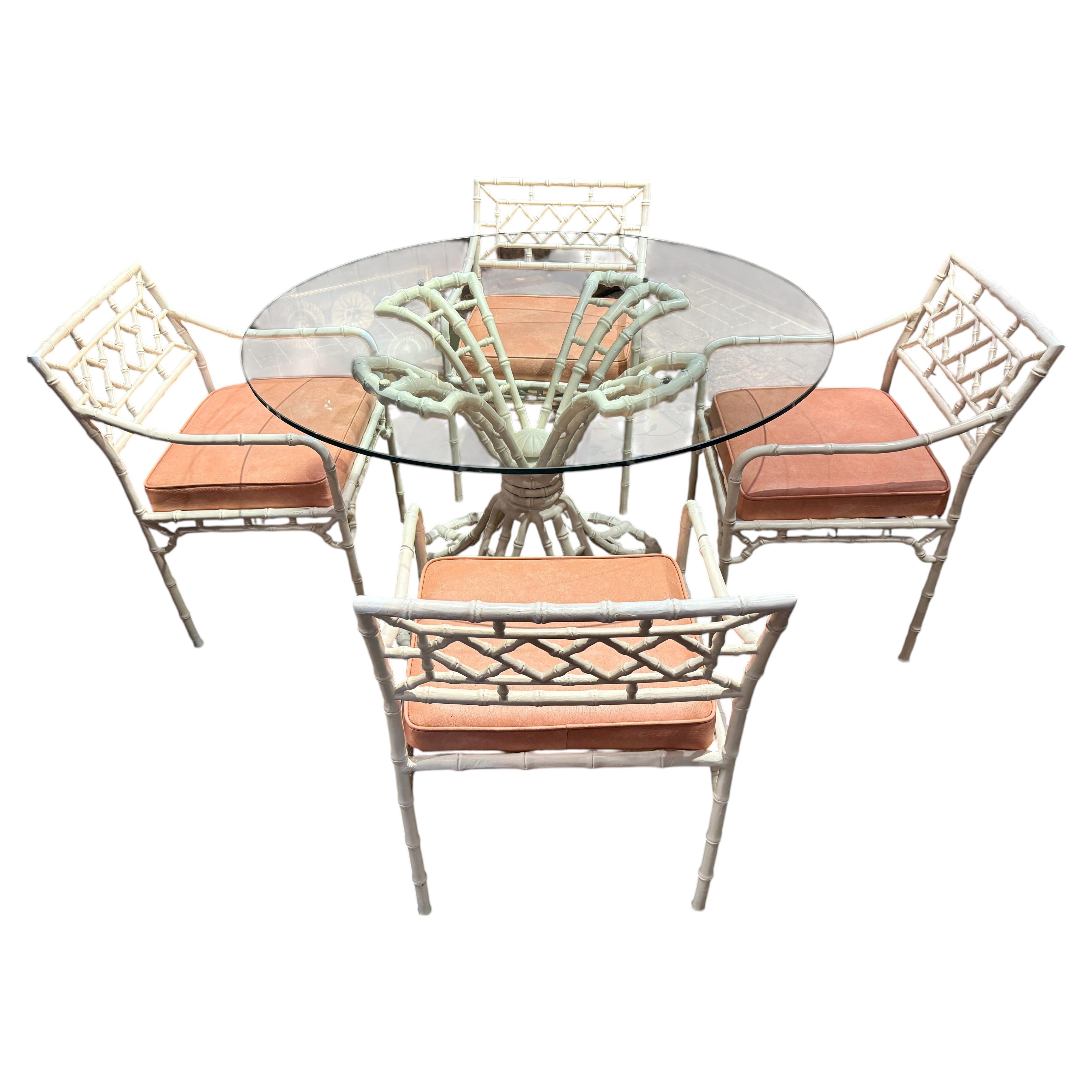 Brown Jordan Aluminum Faux Bamboo Round Table, Four Arm Chairs 1960s