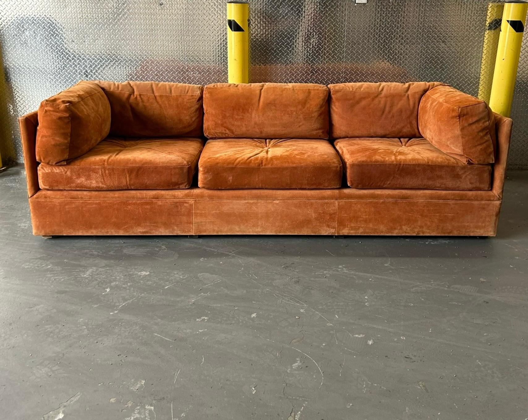 Vintage suede leather 3 seat sofa by Schaffer Bros. Great condition. Small marks on suede throughout

