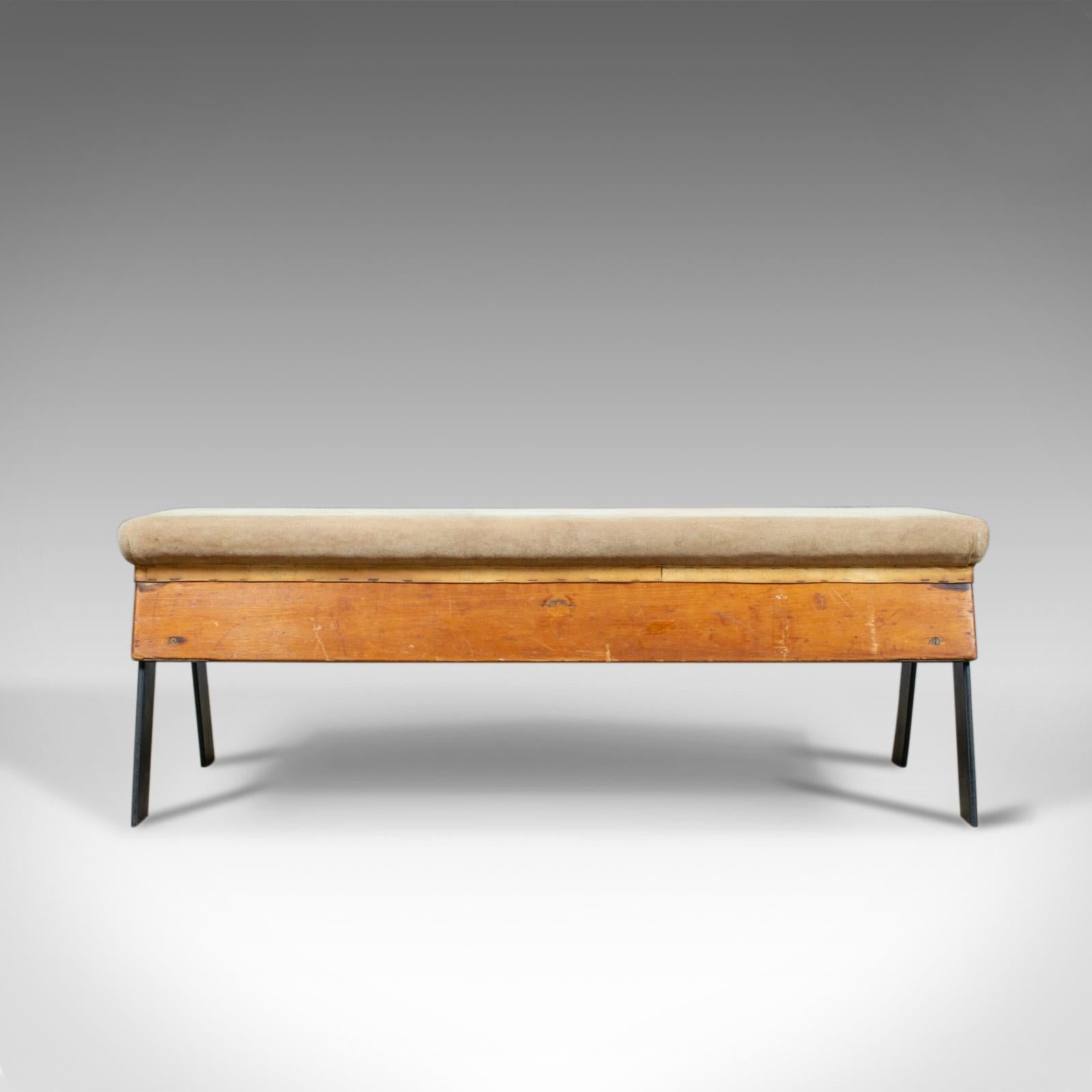 This is a vintage suede top bench. A vaulting horse converted into a three-seat bench, ideal for the kitchen dining table, hall or lying on in the gym.

Fabulous and comfortable bench
Offering a deep seat at a good height
Robust and sturdy,