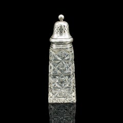 Vintage Sugar Shaker, English, Glass, Sterling Silver, Caster, Hallmarked 1929