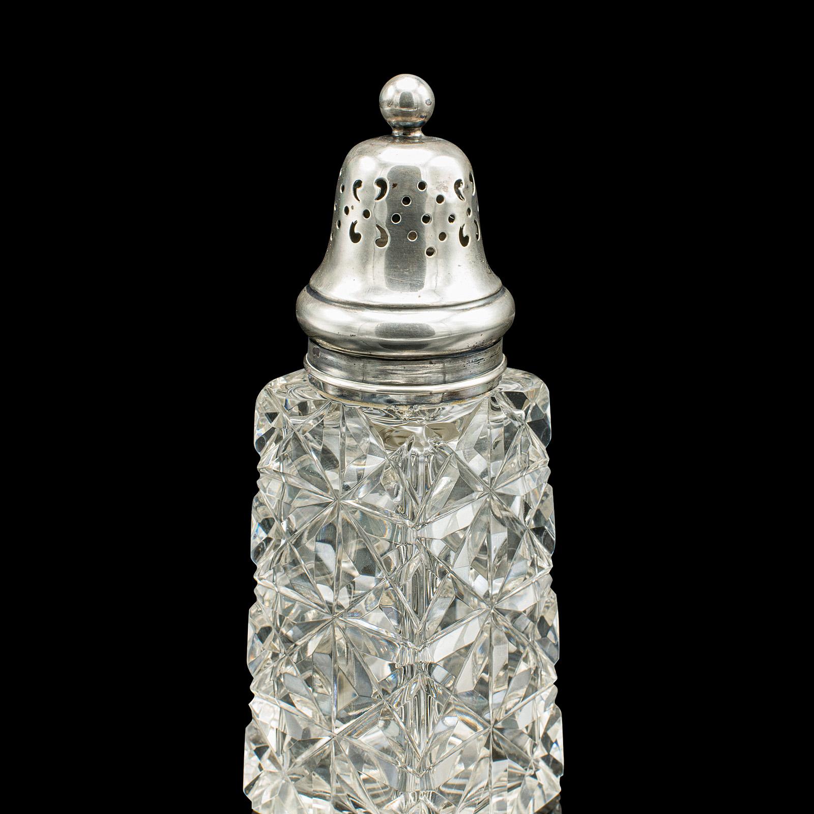 20th Century Vintage Sugar Shaker, English, Glass, Sterling Silver, Caster, Hallmarked 1929 For Sale