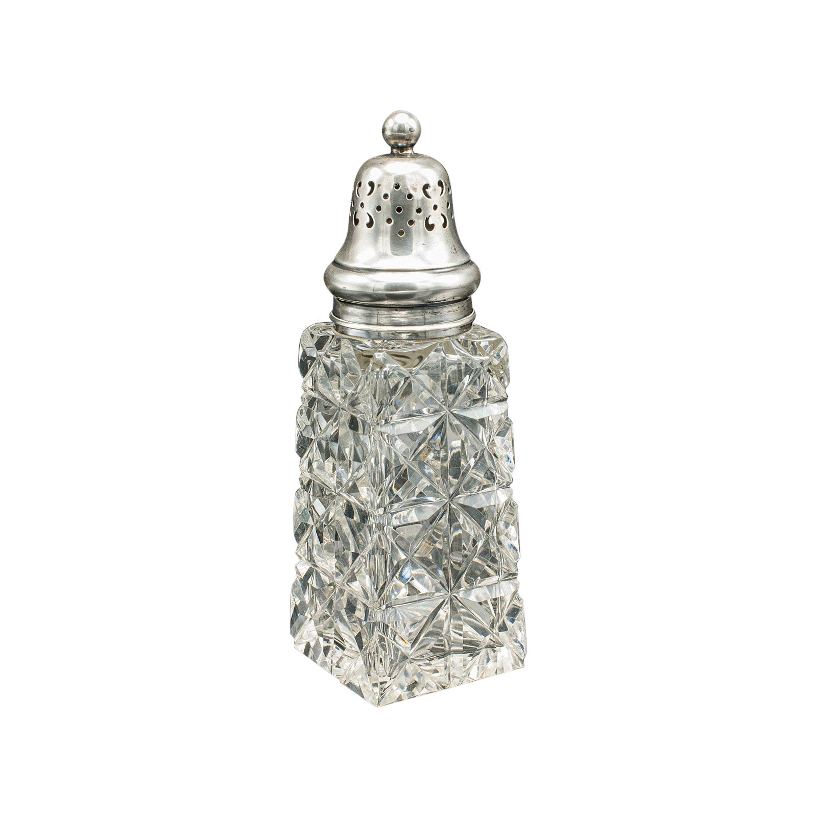 Shakers d'epoca, inglese, vetro, argento sterling, rotella, con marchio di garanzia 1929
