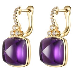 Vintage Sugarloaf 20.45Ct Amethyst Diamond Earrings in 14 Karat Gold
