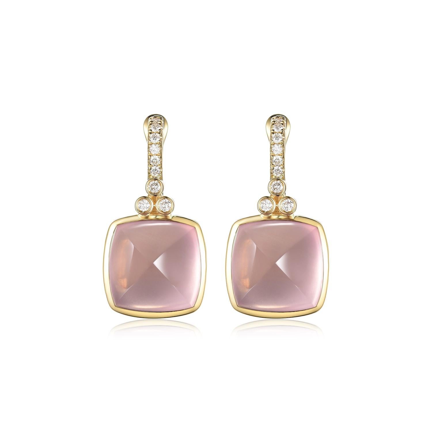 Pendientes vintage de diamantes de cuarzo rosa de 22,8 quilates en oro amarillo de 14 quilates Cabujón de pan de azúcar en venta