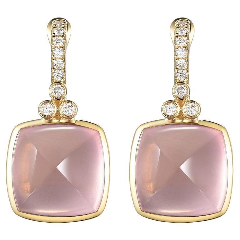 Pendientes vintage de diamantes de cuarzo rosa de 22,8 quilates en oro amarillo de 14 quilates en venta