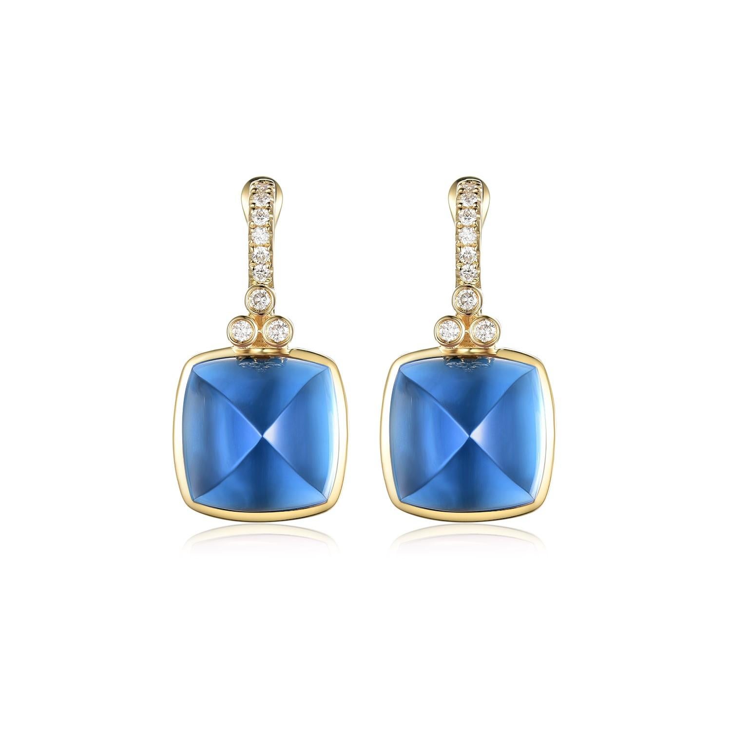 Vintage Sugarloaf 27.65Ct Blue Topaz Diamond Earrings in 14 Karat Yellow Gold 2