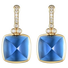 Vintage Sugarloaf 27.65Ct Blue Topaz Diamond Earrings in 14 Karat Yellow Gold