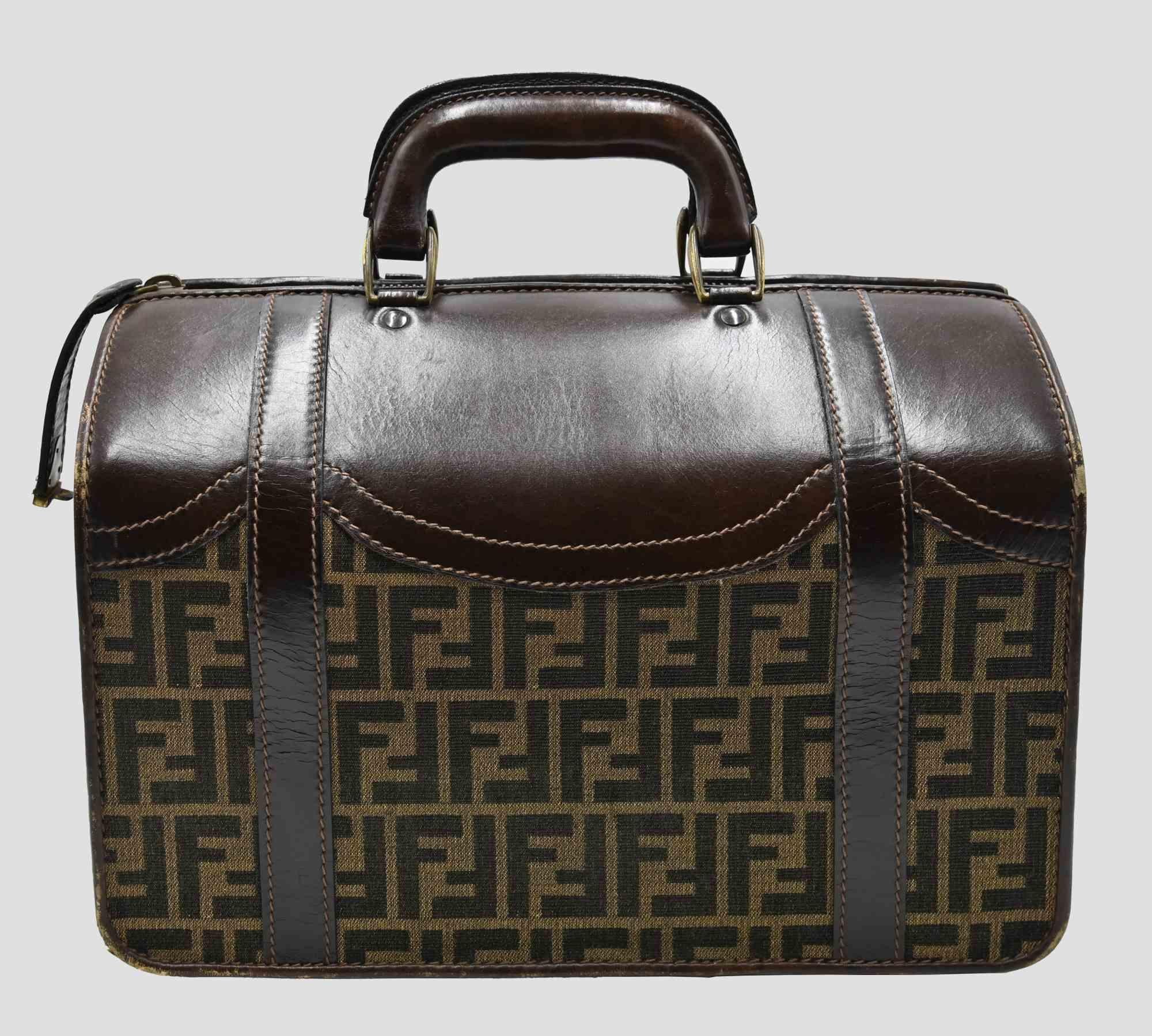 Leather Vintage Suitcases Set by Fendi, Brown Monogram Travel, 1980s For Sale