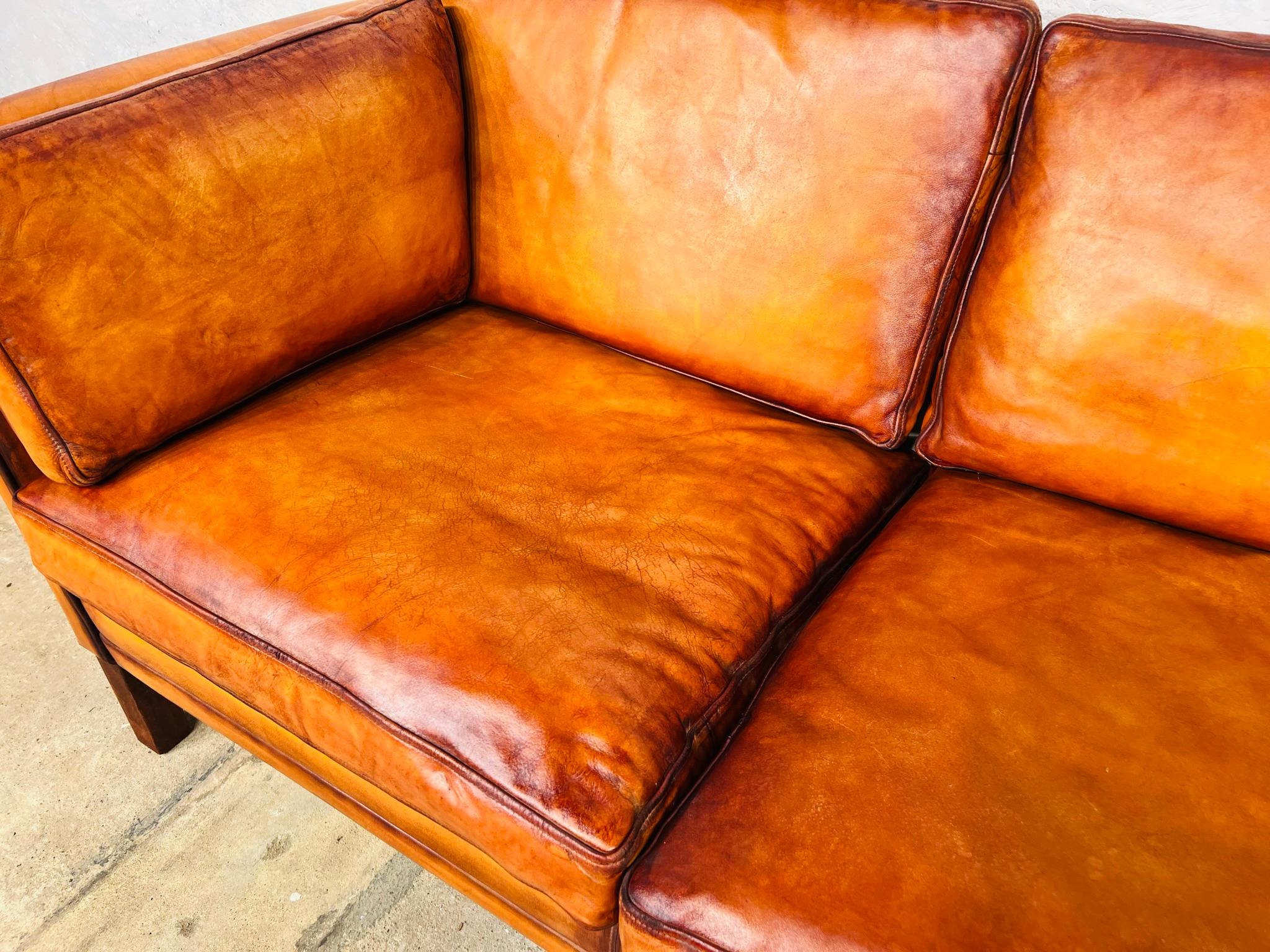 Vintage Suite Hans Mogensen 70s Tan Two Seater Three Seater Leather Sofa 11