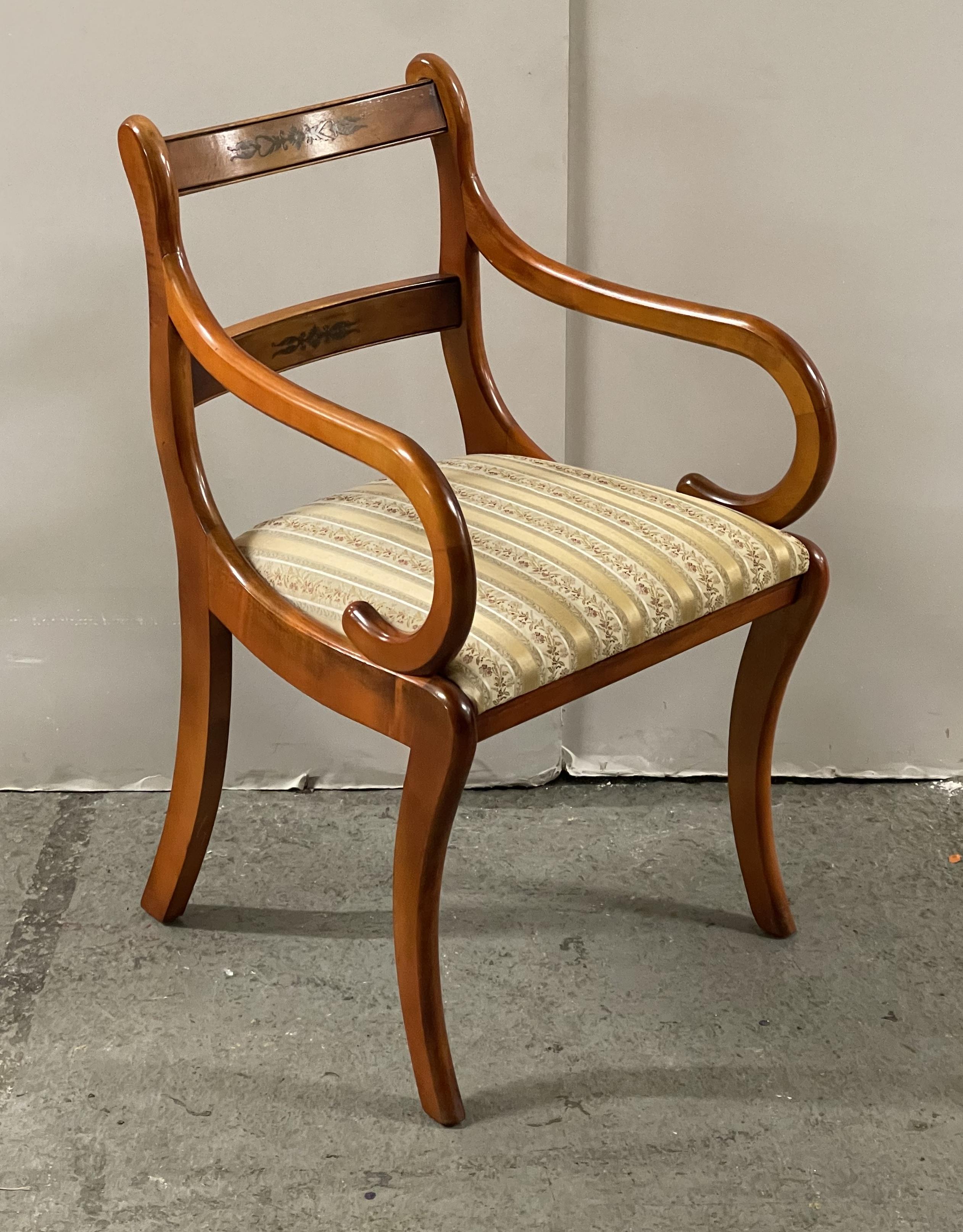 Here we have for sale a suite of six yew wood dining chairs including two carvers with inlaid detailing and upholstered seats.

Overall, the chairs are in good condition with a few minor signs of wear, they have been cleaned and polished ready for