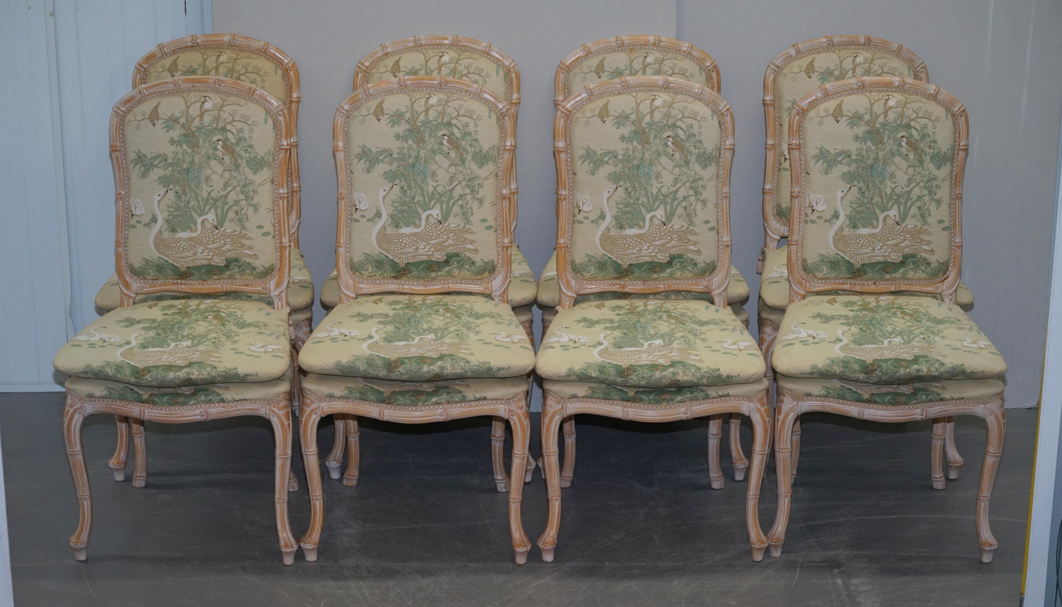 Vintage Suite of Ten Famboo Framed Dining Chairs with Swan & Birds Upholstery 10 4