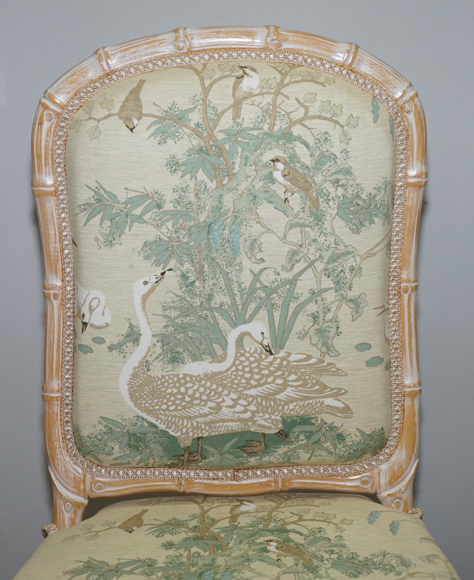 Vintage Suite of Ten Famboo Framed Dining Chairs with Swan & Birds Upholstery 10 7