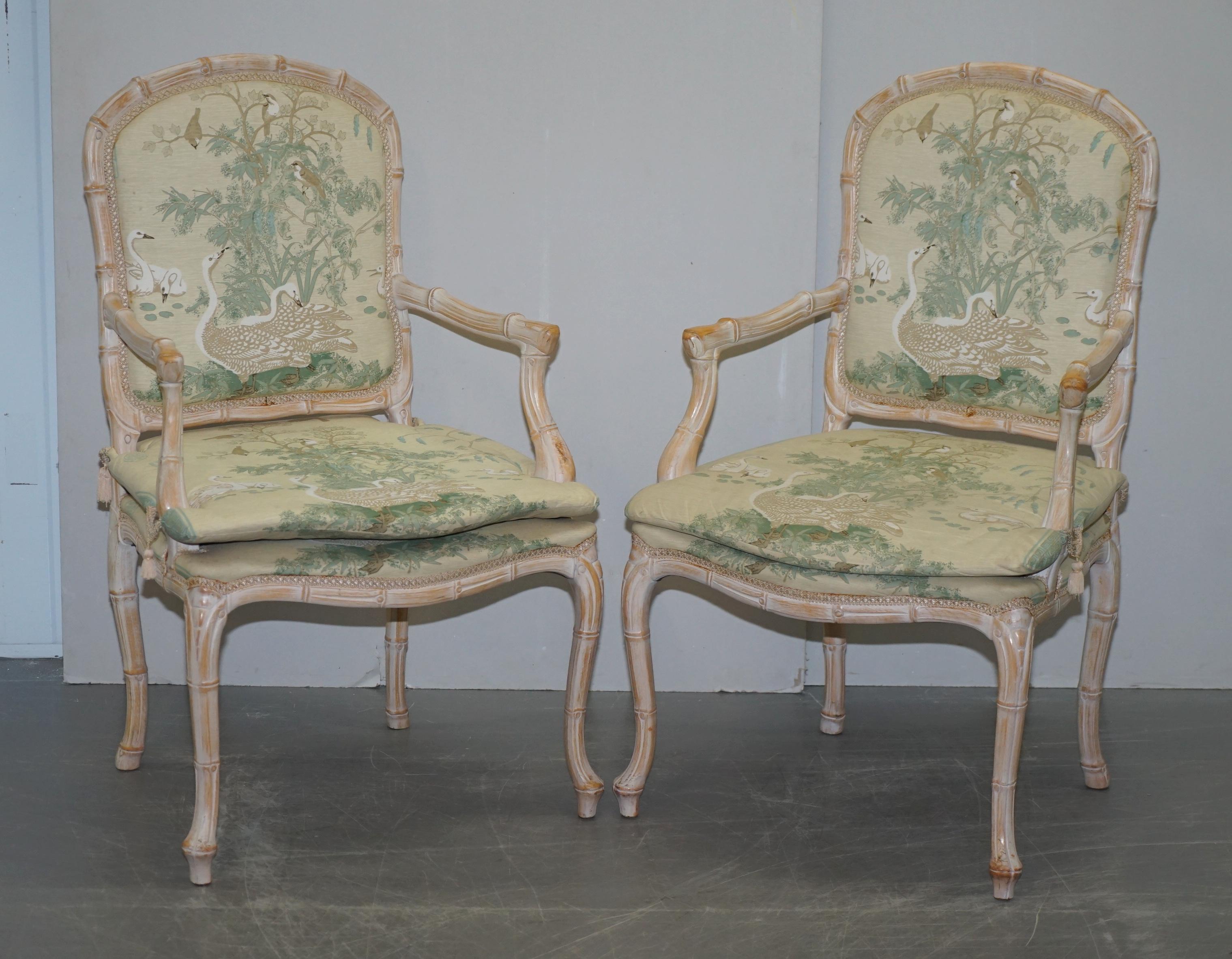 We are delighted to offer for sale this vintage suite of mid-century Famboo framed dining chairs with Swan, Bird & Floral upholstery

A very good looking well made and decorative suite of chairs. This design goes back hundreds of years to George