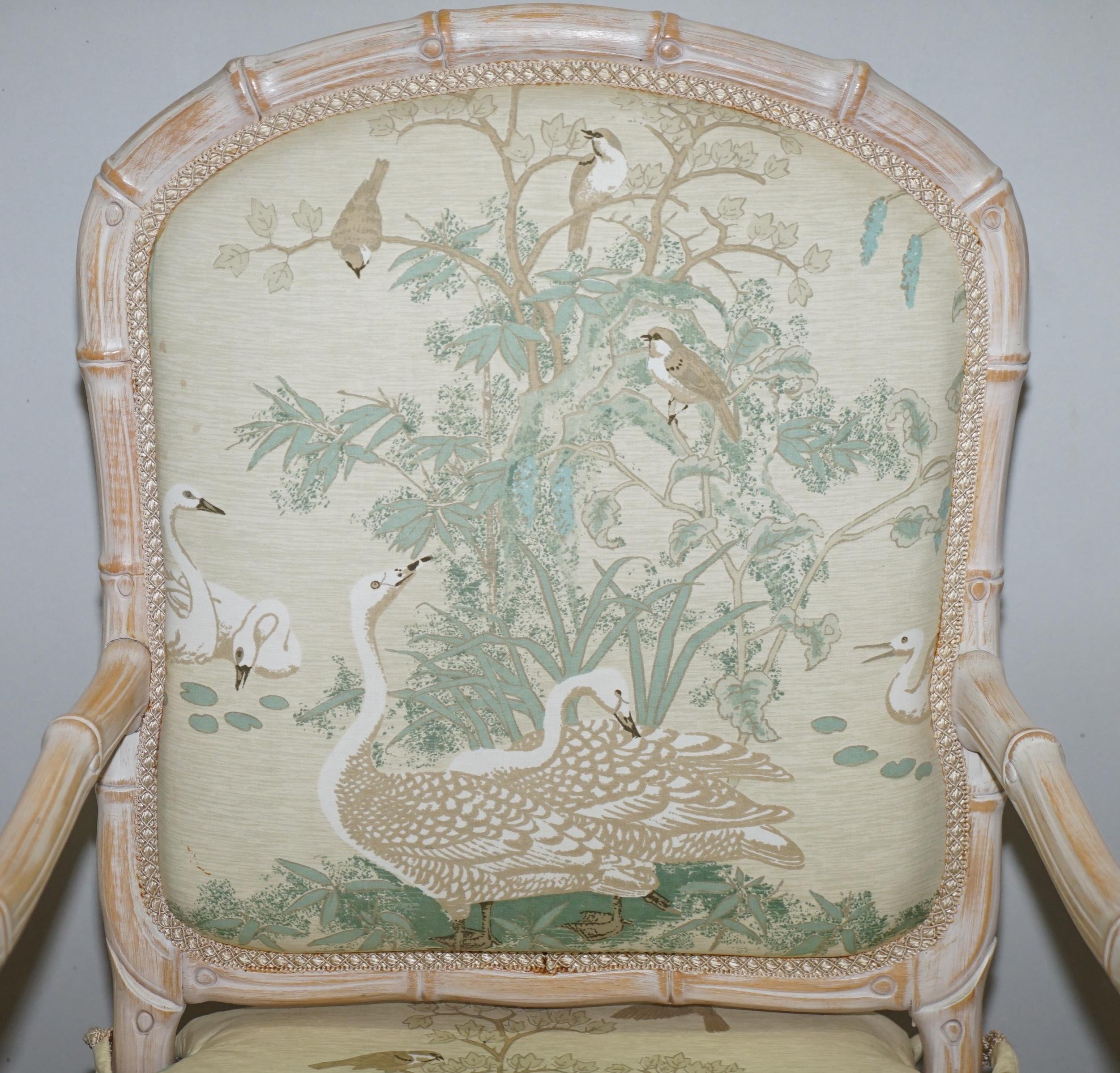 Hand-Carved Vintage Suite of Ten Famboo Framed Dining Chairs with Swan & Birds Upholstery 10